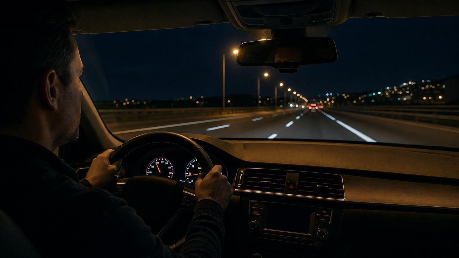 Route d'autoroute vide la nuit, éclairée par les phares d'une voiture, avec panneaux lumineux et lignes blanches régulières disparaissant dans l'obscurité.