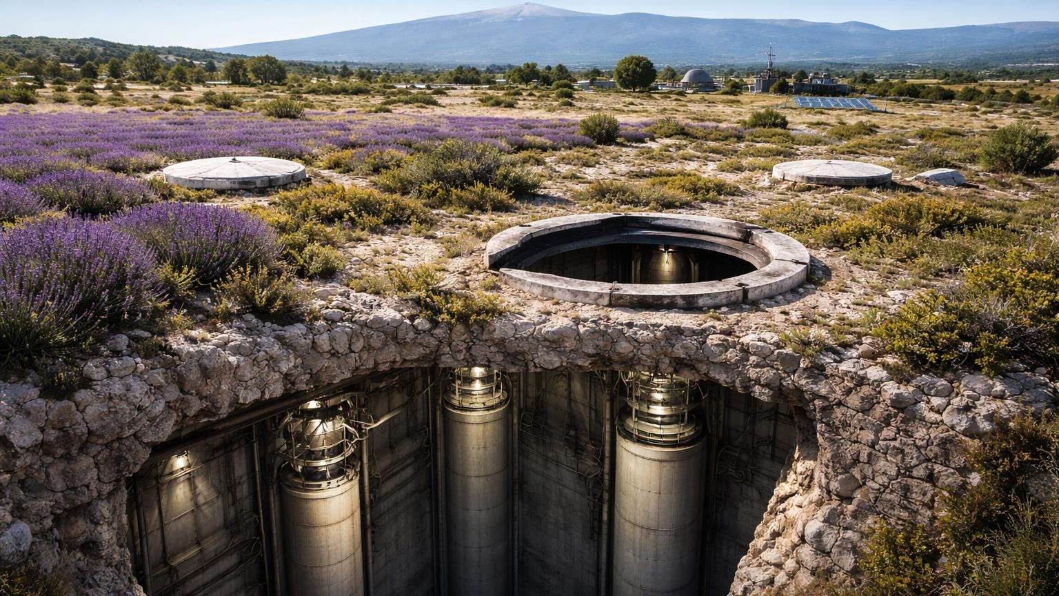 Vue aérienne du plateau d'Albion en Provence avec ses champs de garrigue et lavande, où dix-huit silos nucléaires ont été enfouis entre 1971 et 1996.