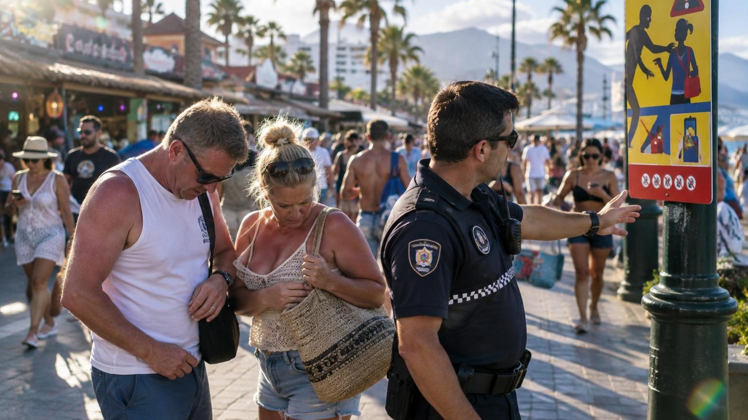 Tenerife : des panneaux anti-pickpockets à Los Cristianos et Playa de las Americas, alors que les vols avec violence bondissent de près de 13 % aux Canaries