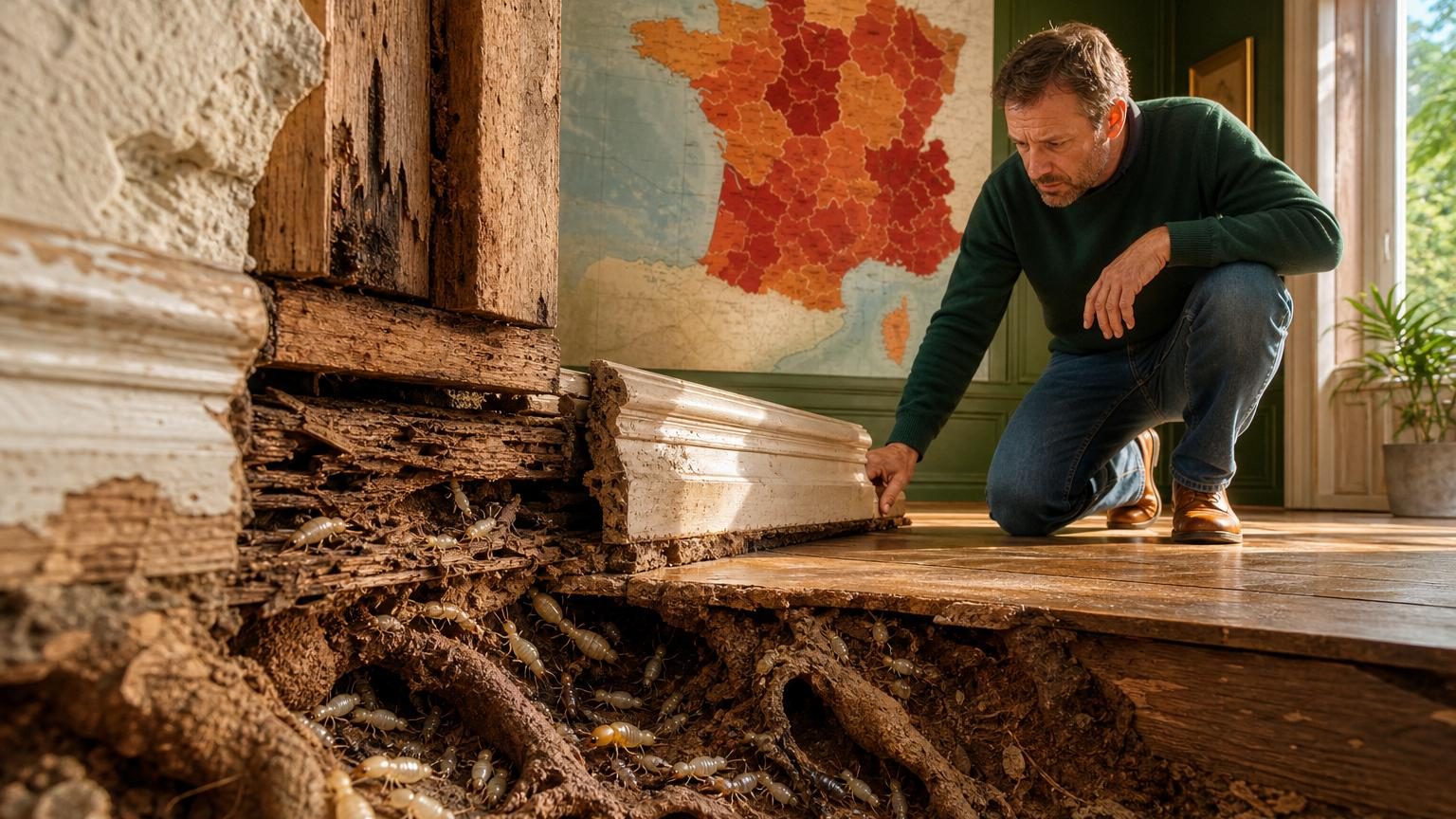 Bois dégradé par les termites avec galeries visibles et matière friable, illustrant les dégâts causés par une infestation discrète dans une structure ancienne.