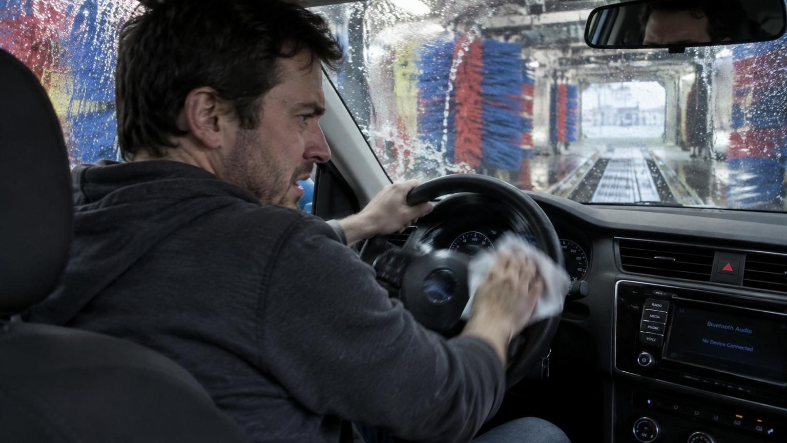 Un homme nettoie le volant d'une voiture dans un tunnel de lavage automatique tandis que le véhicule avance sur le convoyeur de guidage