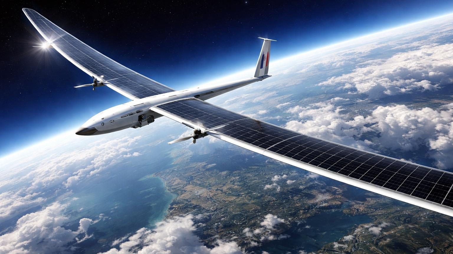 Vue d'artiste d'un drone très léger équipé de panneaux solaires volant à très haute altitude dans la stratosphère, au-dessus des nuages et de la troposphère.