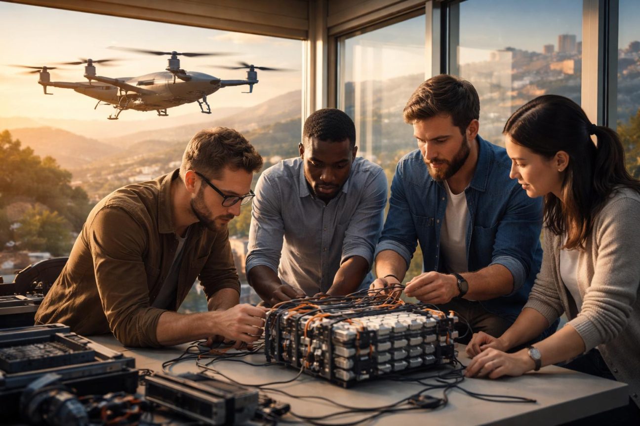 Batterie au silicium miniaturisée avec composants visibles, éclairage technique, représentant l'innovation énergétique pour drones militaires français