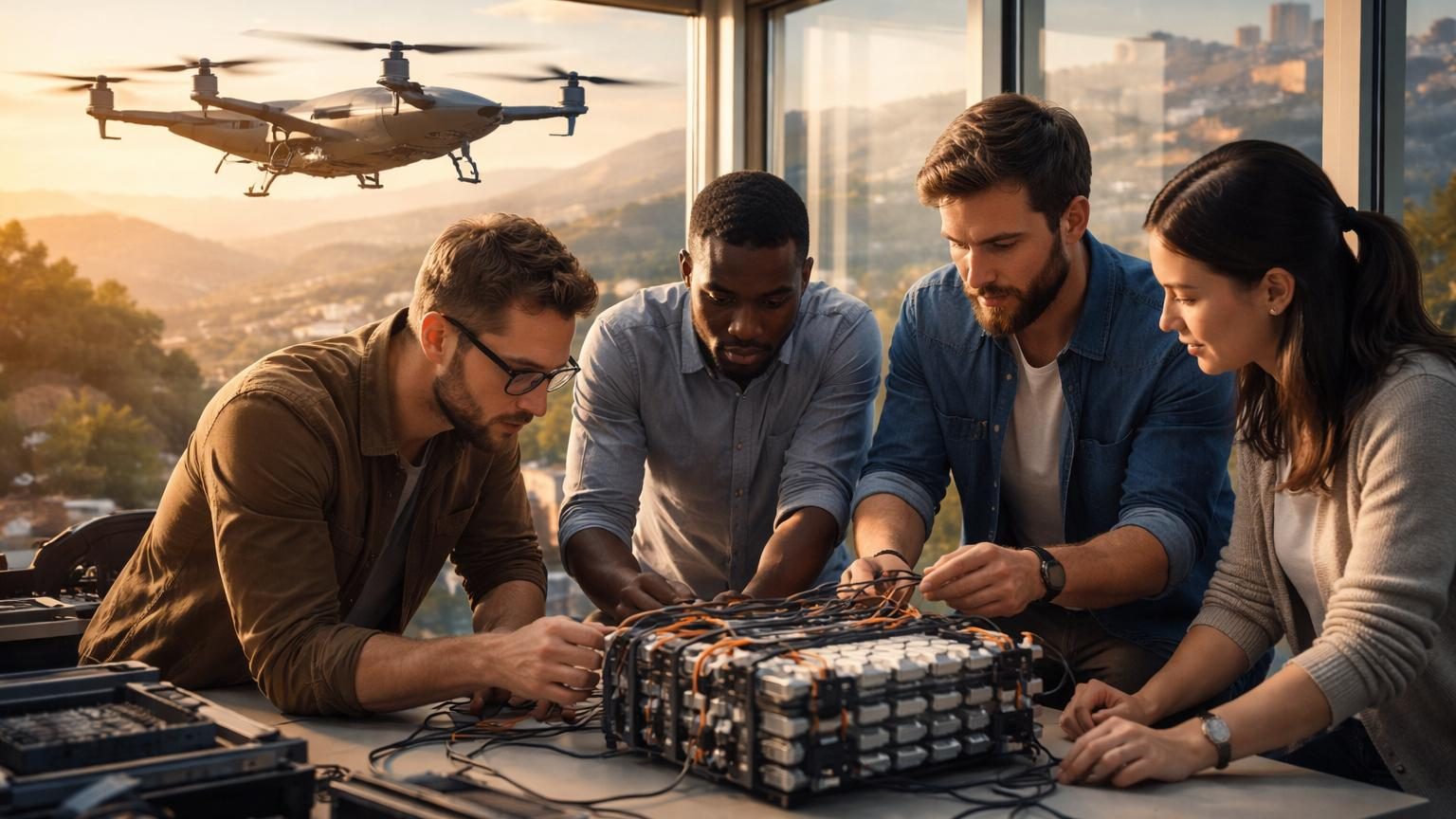 Batterie au silicium miniaturisée avec composants visibles, éclairage technique, représentant l'innovation énergétique pour drones militaires français
