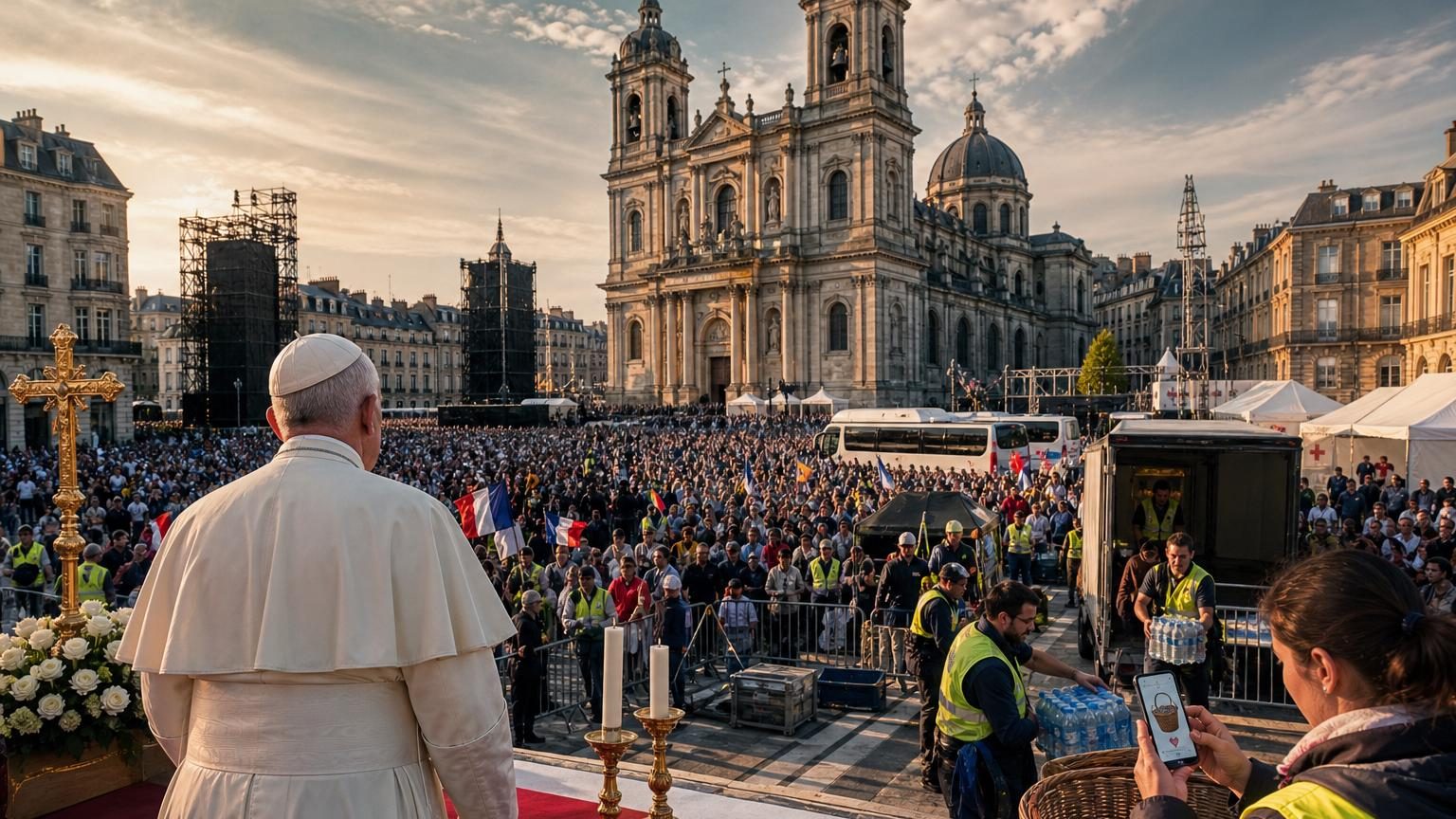 Bénévoles en gilets fluorescents installant des barrières et organisant la circulation sur le parvis d'une église en préparation de la visite du pape.