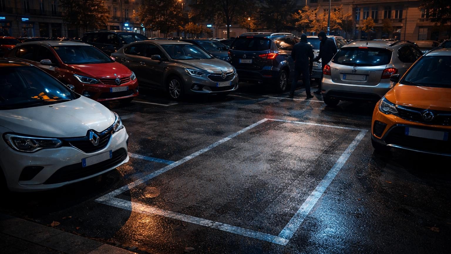 Place de parking vide avec traces de pneus, symbolisant une voiture volée disparue depuis la nuit