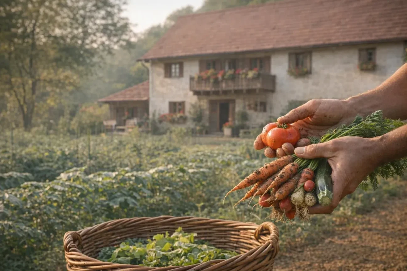 Personne travaillant dans un potager biologique, cueillant des légumes frais lors d'une expérience de woofing en ferme.