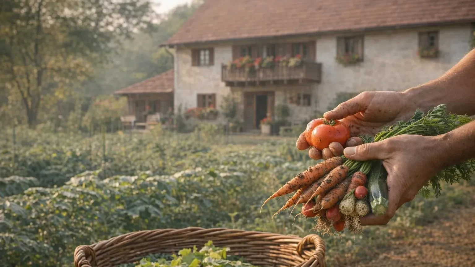 Personne travaillant dans un potager biologique, cueillant des légumes frais lors d'une expérience de woofing en ferme.