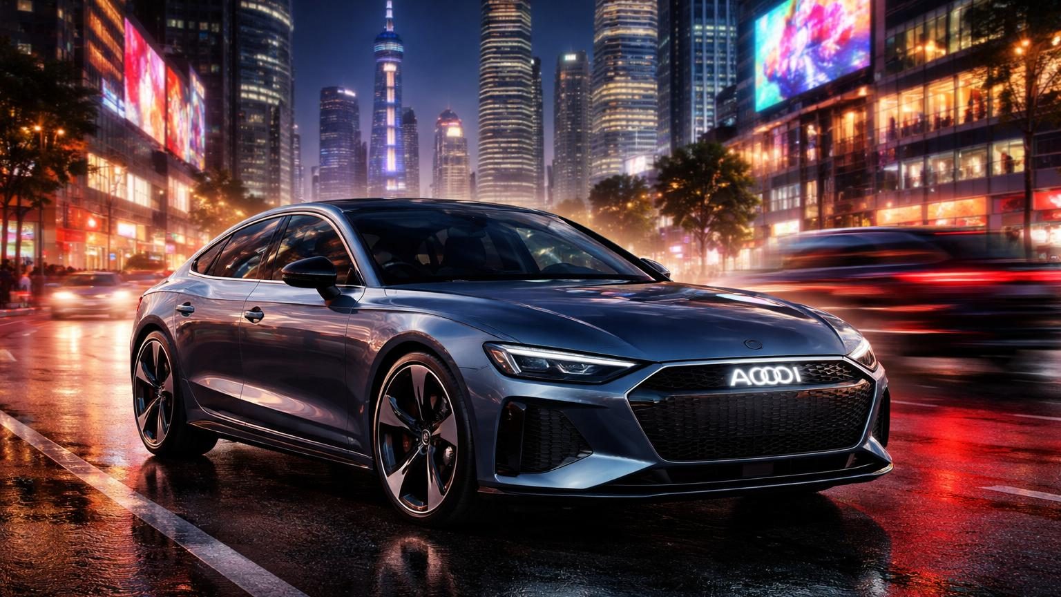 La nouvelle berline électrique Audi E5 Sportback avec logo AUDI en toutes lettres, exposée ou en mouvement sur une route chinoise, illustrant son design moderne et son statut de berline coupé haut de gamme.