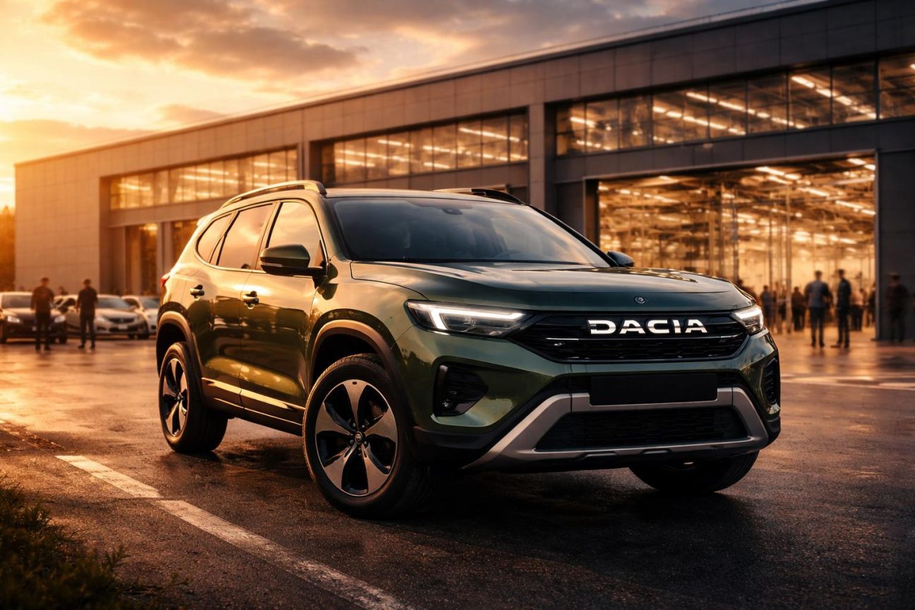 Vue de trois-quarts d'un SUV familial compact Dacia Bigster gris métallisé positionné dans un décor épuré, mettant en valeur ses proportions généreuses et son design moderne au prix accessible.
