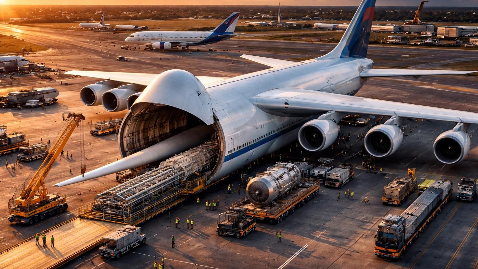 Vue d'artiste d'un immense avion cargo blanc et bleu de 108 mètres de long dépassant en taille un Boeing 747, illustrant le futur géant du transport aérien de fret exceptionnel.