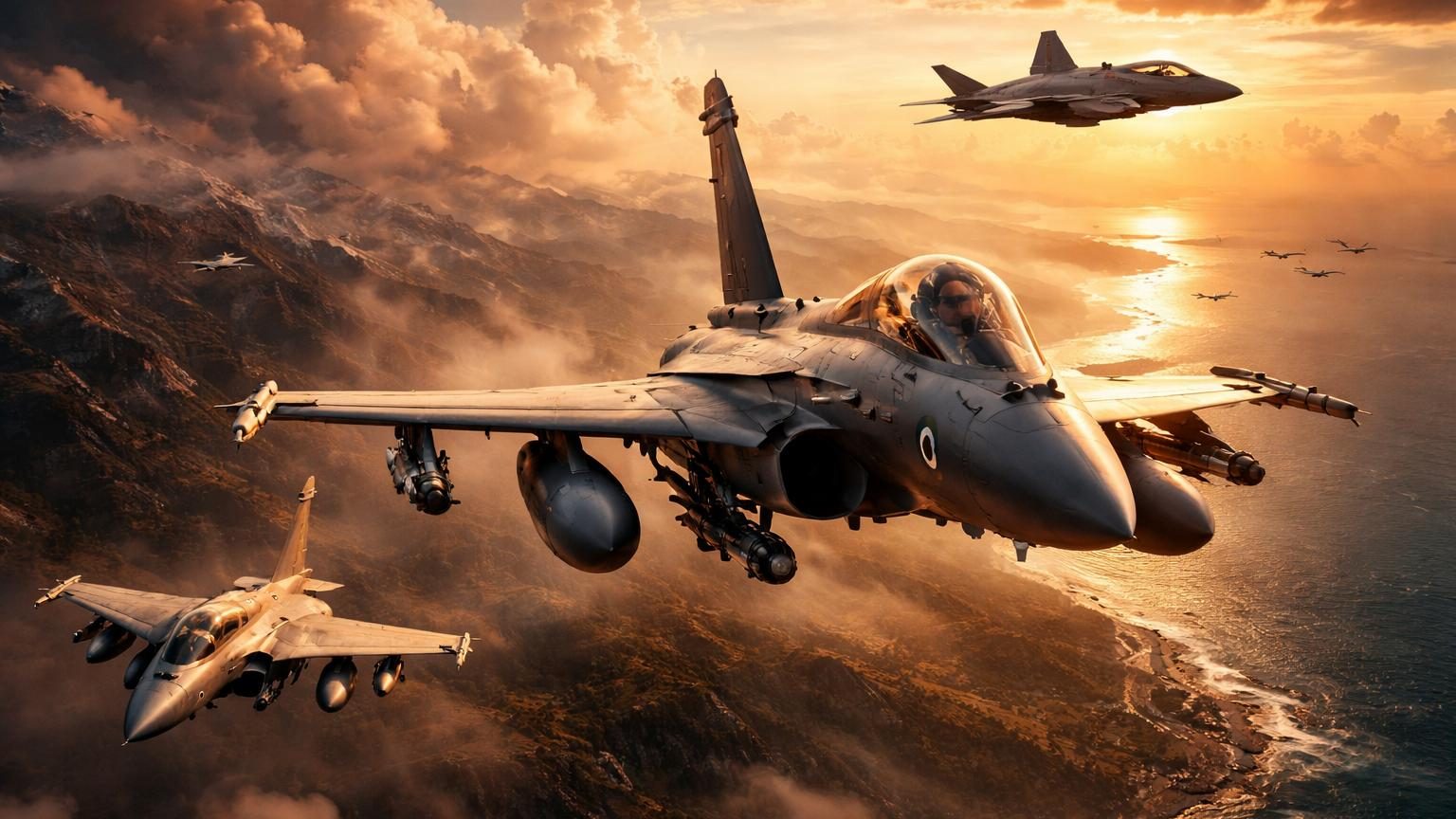 Présentation stratégique de trois générations d'avions de chasse : Rafale français moderne bimoteur, Tejas léger indien monomoteur, et AMCA furtif futur, symbolisant l'escalade technologique aérienne indienne.