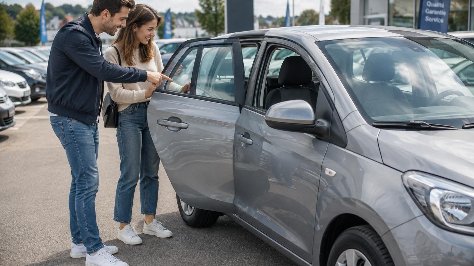 Intérieur d'une compacte neuve cinq portes avec volant multifonction, écran tactile central, climatisation accessible, et espace fonctionnel, symbolisant l'équilibre qualité-prix à 13 990 euros.