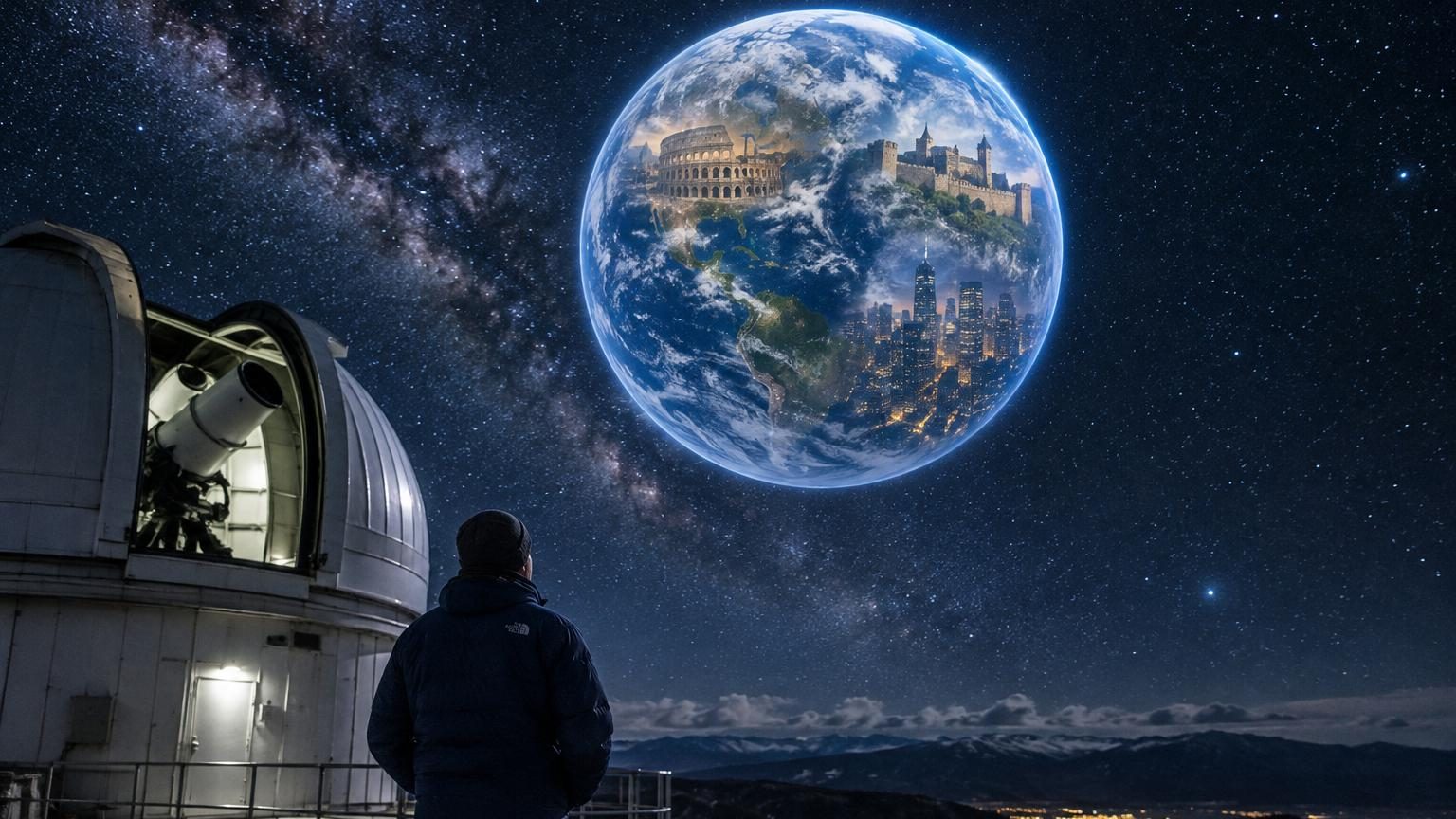 Illustration conceptuelle montrant douze planètes lointaines avec des faisceaux lumineux reliant chacune à la Terre, représentant différentes époque historiques affichées au-dessus de chaque planète.