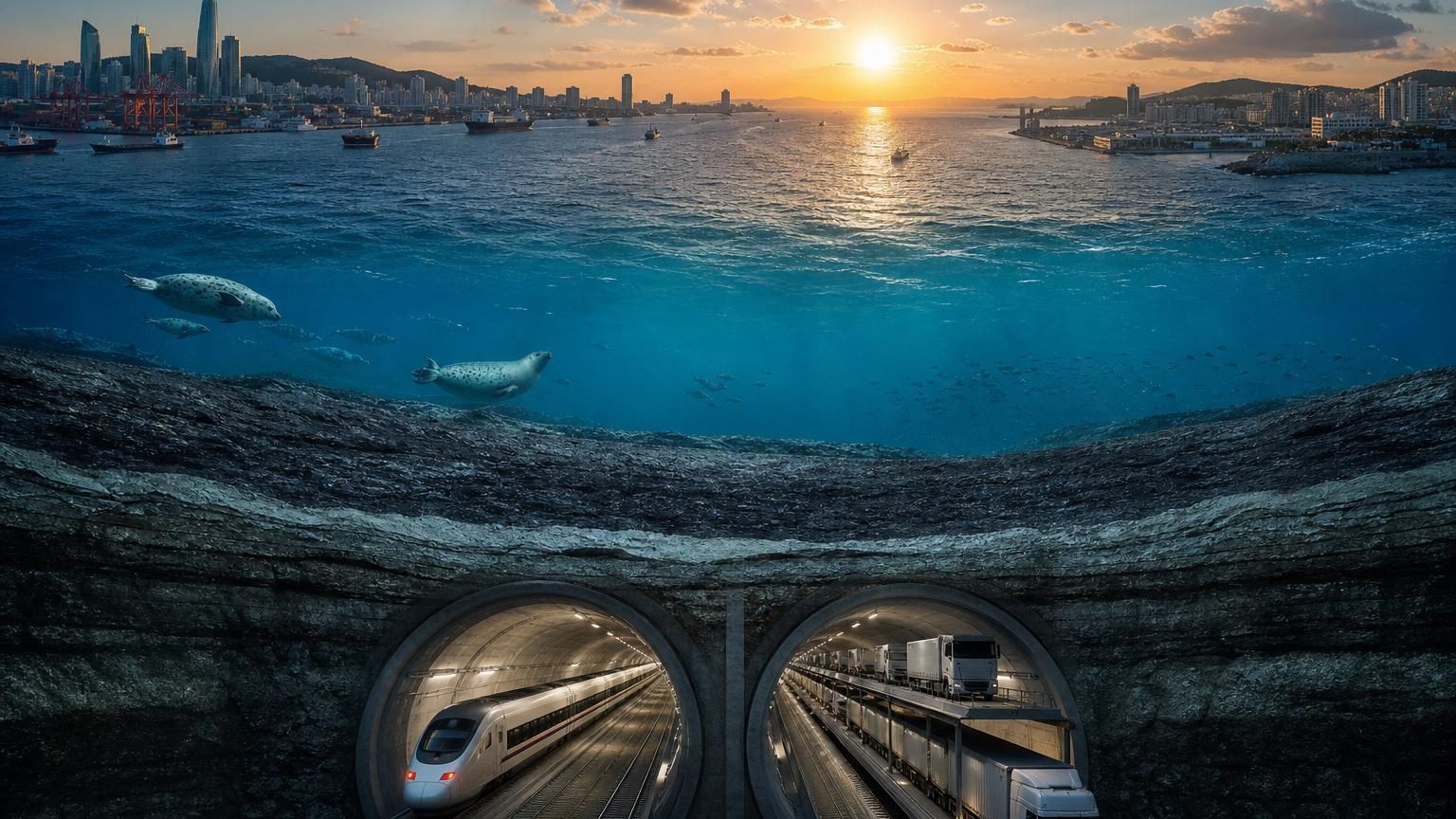 Illustration d'un tunnel ferroviaire souterrain sous la mer de Bohai en Chine, reliant les provinces du Liaoning et du Shandong, avec des trains à grande vitesse circulant à 220 km/h.