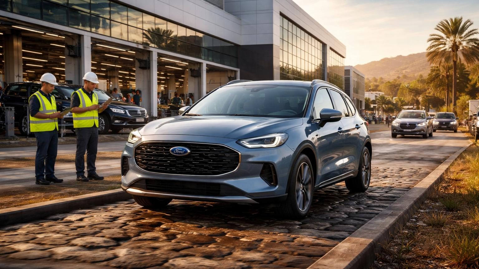 Usine automobile Ford avec chaînes d'assemblage, contrôle qualité, et circuit de test pour validation des véhicules sortants.