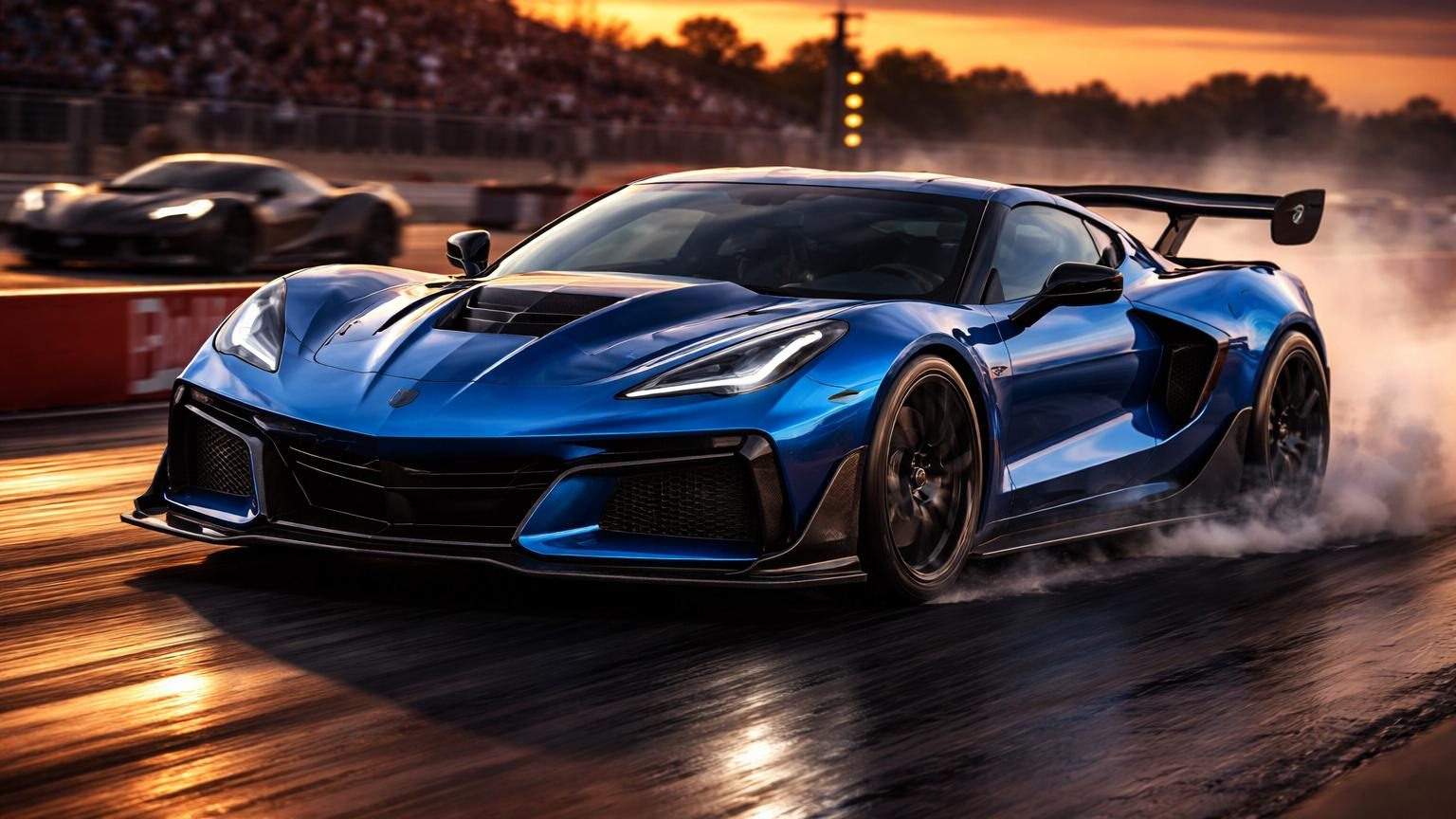 Corvette ZR1X blanche ou grise sur piste de dragster US 131 Motorsports Park au Michigan, avec marquages au sol et équipement de chronométrage à l'arrière-plan.