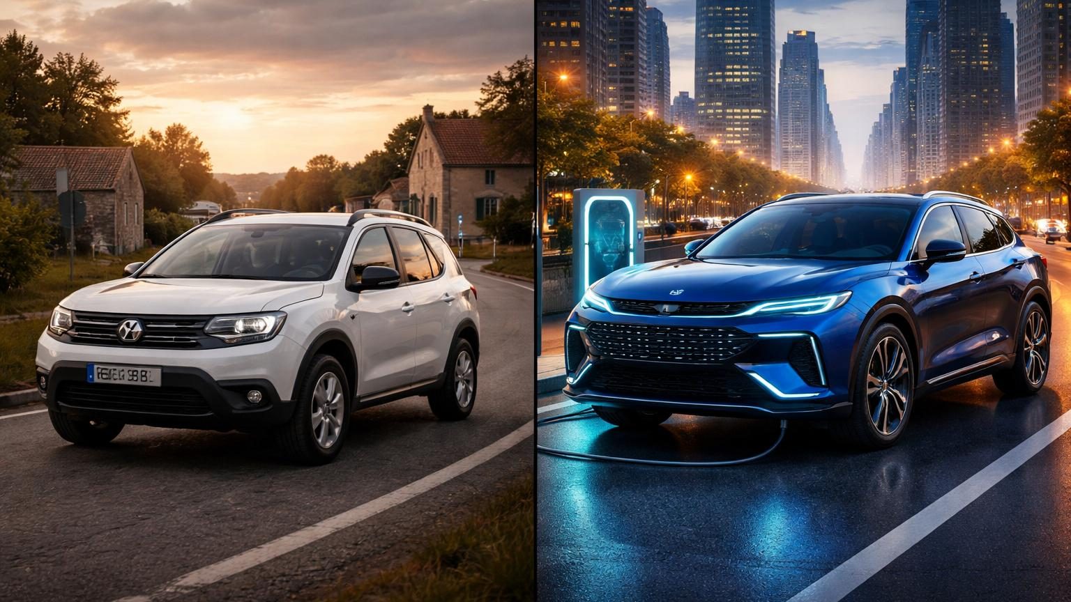 Comparaison visuelle entre un SUV compact Dacia Duster thermique et un grand SUV électrique chinois BYD Denza B3 avec fiche technique détaillée des prix et performances