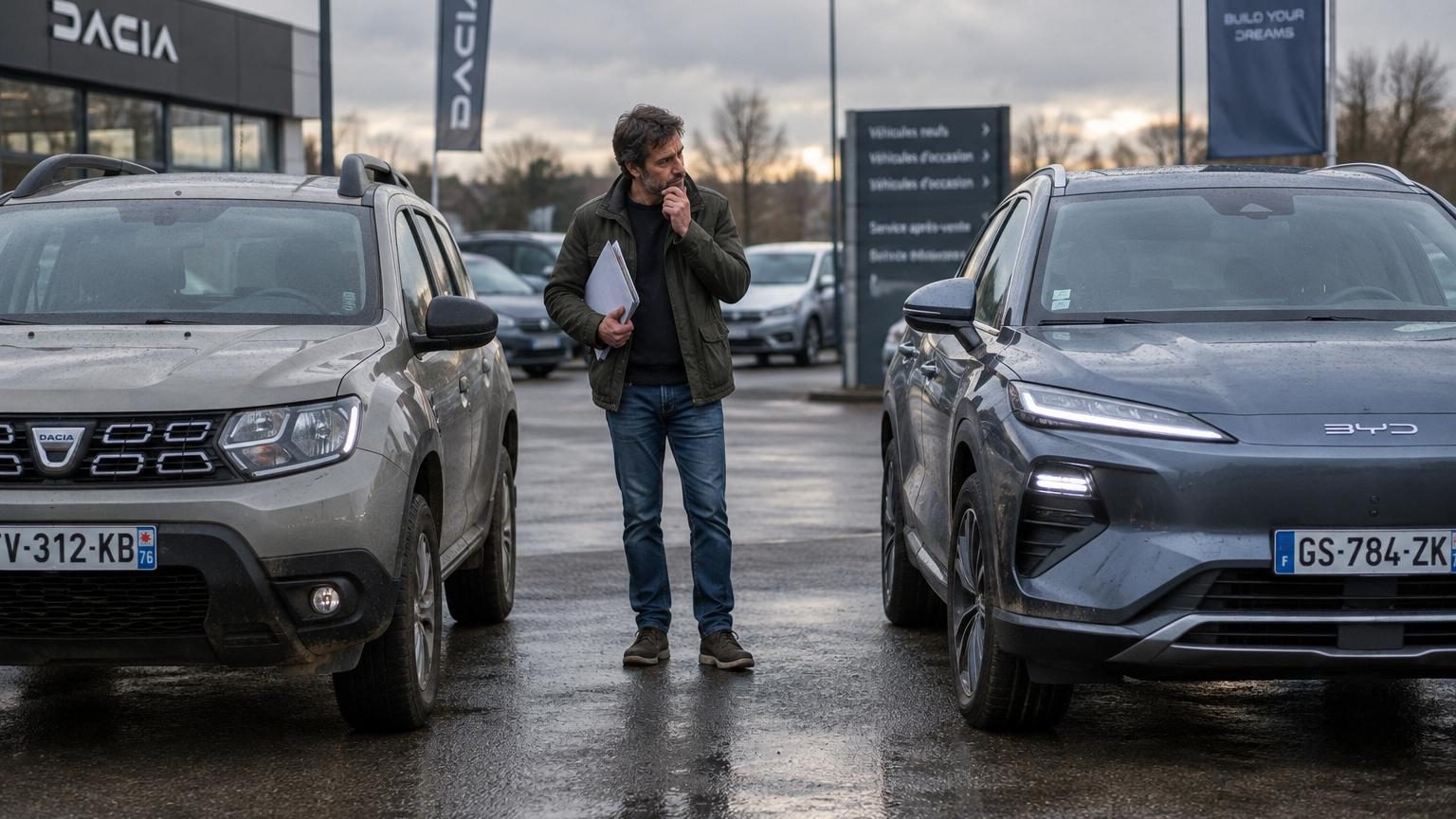 Comparaison visuelle entre un SUV compact thermique européen et un grand SUV électrique asiatique côte à côte, illustrant l'écart d'équipement pour un budget similaire.