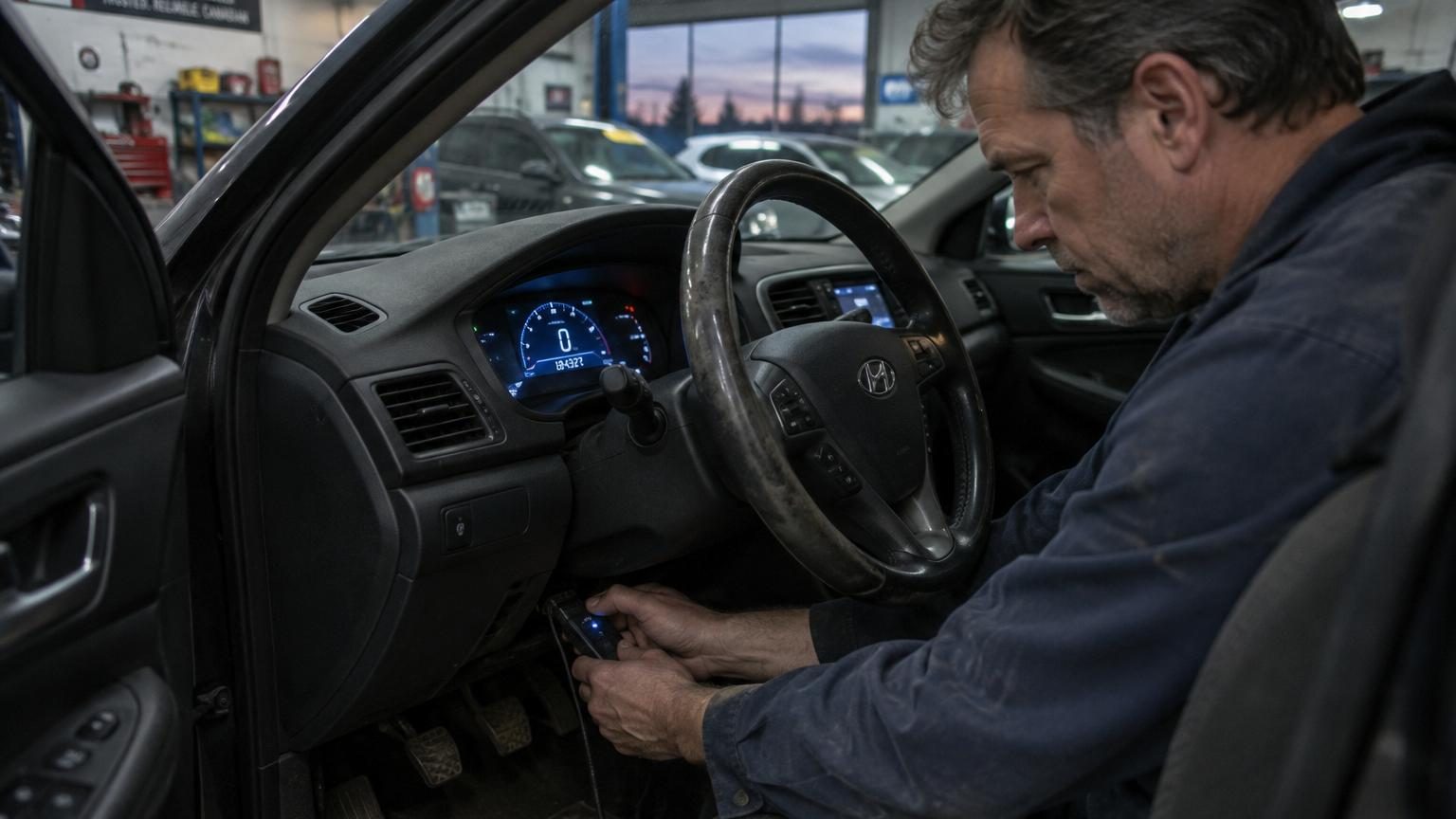 Écran numérique d'un compteur kilométrique de voiture affichant un kilométrage présumé frauduleusement modifié, symbolisant la fraude au compteur sur le marché des véhicules d'occasion.