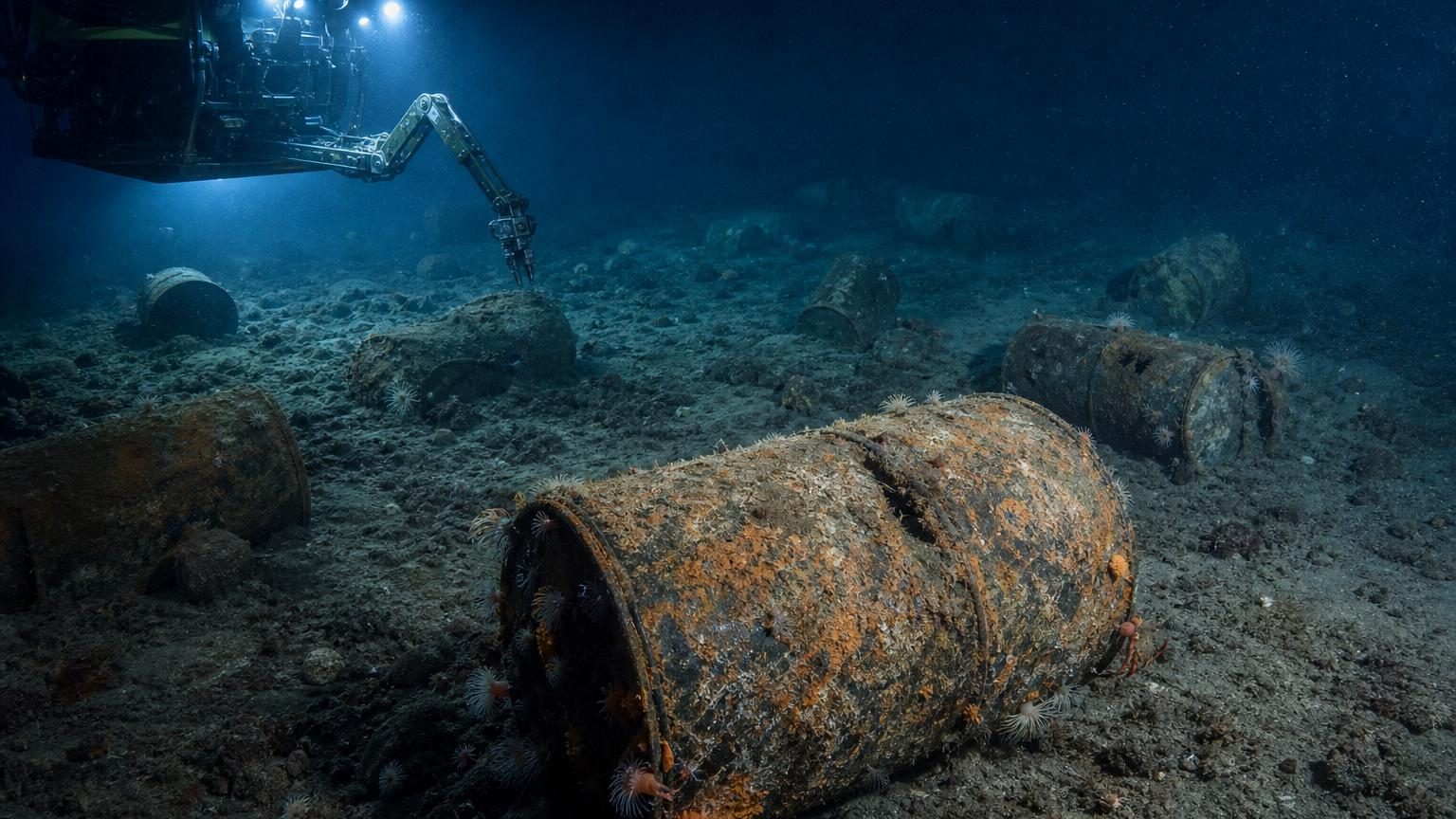 Vue sonar révélant plusieurs fûts métalliques cylindriques posés sur le sédiment à environ 4 000 mètres de profondeur dans l'Atlantique Nord-Est.