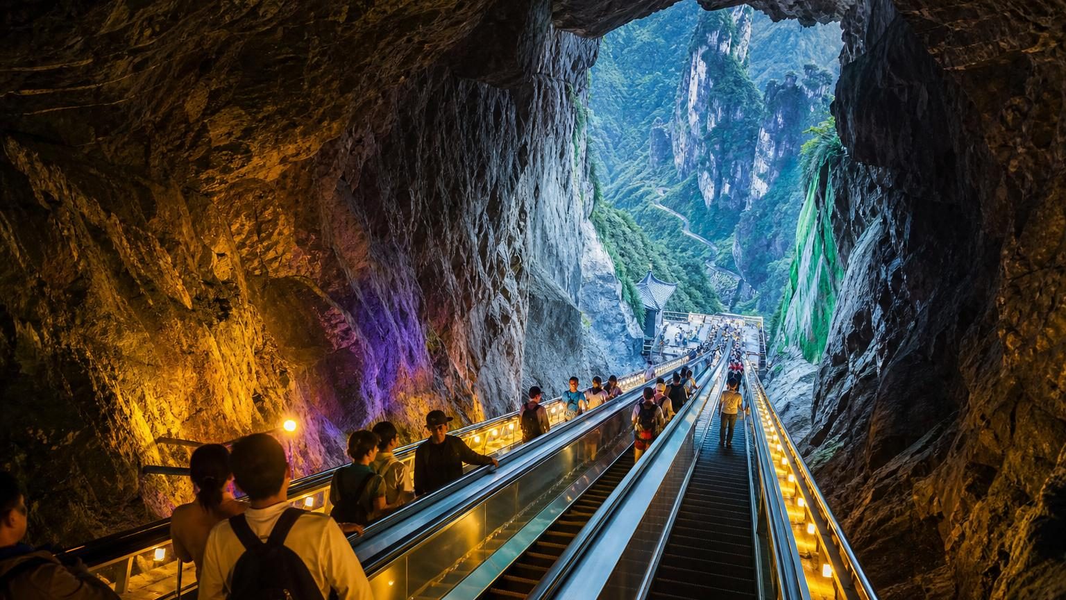 Un escalator mécanique traversant l'intérieur d'une montagne, avec des visiteurs debout sur les marches dans un tunnel éclairé de couleurs variées, disparaissant dans la roche.