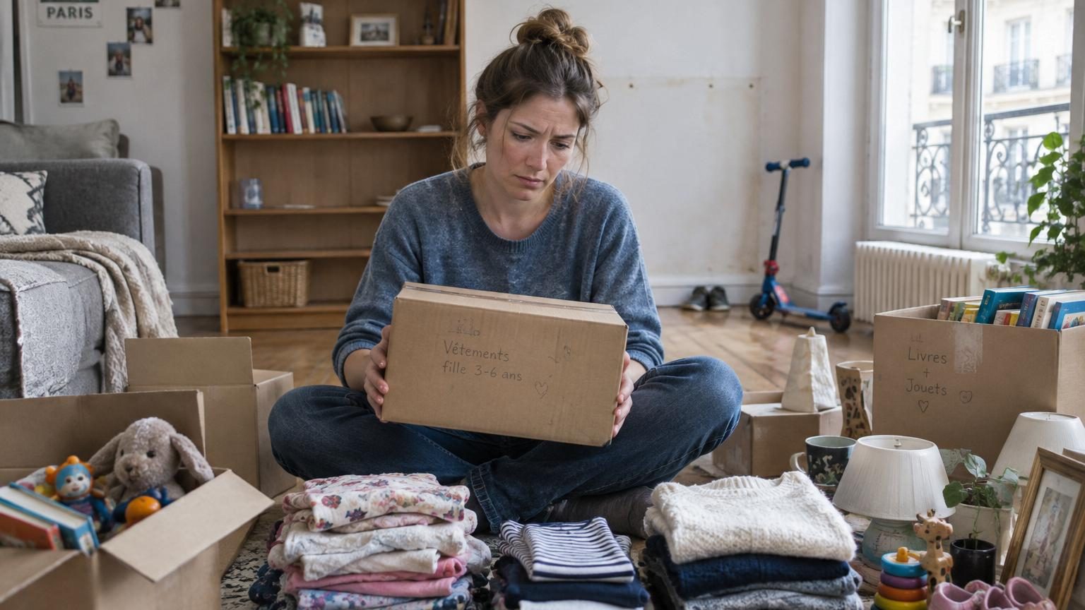 Intérieur d'un appartement avec des cartons, des objets à revendre, des sacs remplis d'affaires à trier, et une femme organisant son déménagement financier