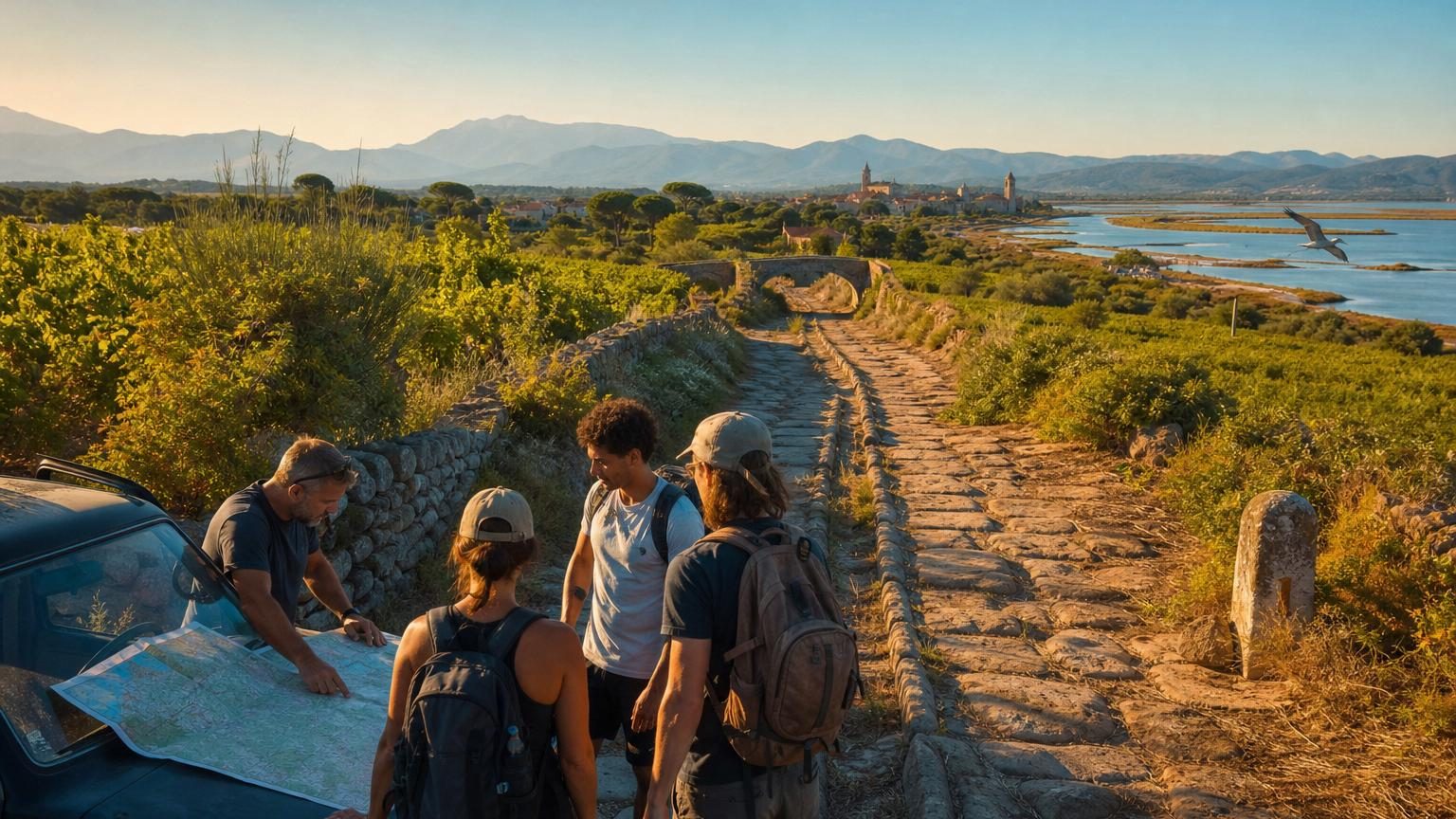 Des randonneurs consultent une carte déplié sur le capot d'une voiture au petit matin, débout près d'un muret de pierres sèches, avec à leurs pieds un chemin de terre discret qui était autrefois la Via Domitia romaine.
