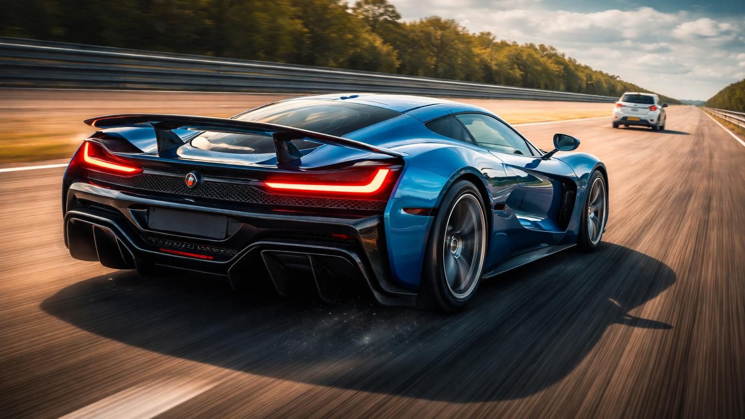 Hypercar électrique Rimac Nevera rouge et noire accélère en marche arrière à très haute vitesse sur une piste d'essai allemande droite et déserte