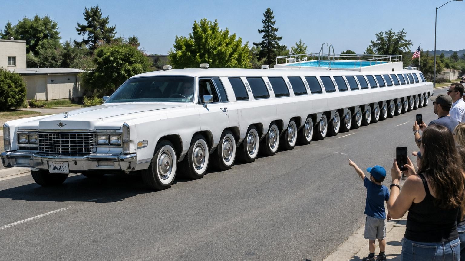 Une limousine blanche excessivement longue avec 26 roues alignées et une piscine vide sur le toit roule lentement sur une route, attirant l'attention des spectateurs.