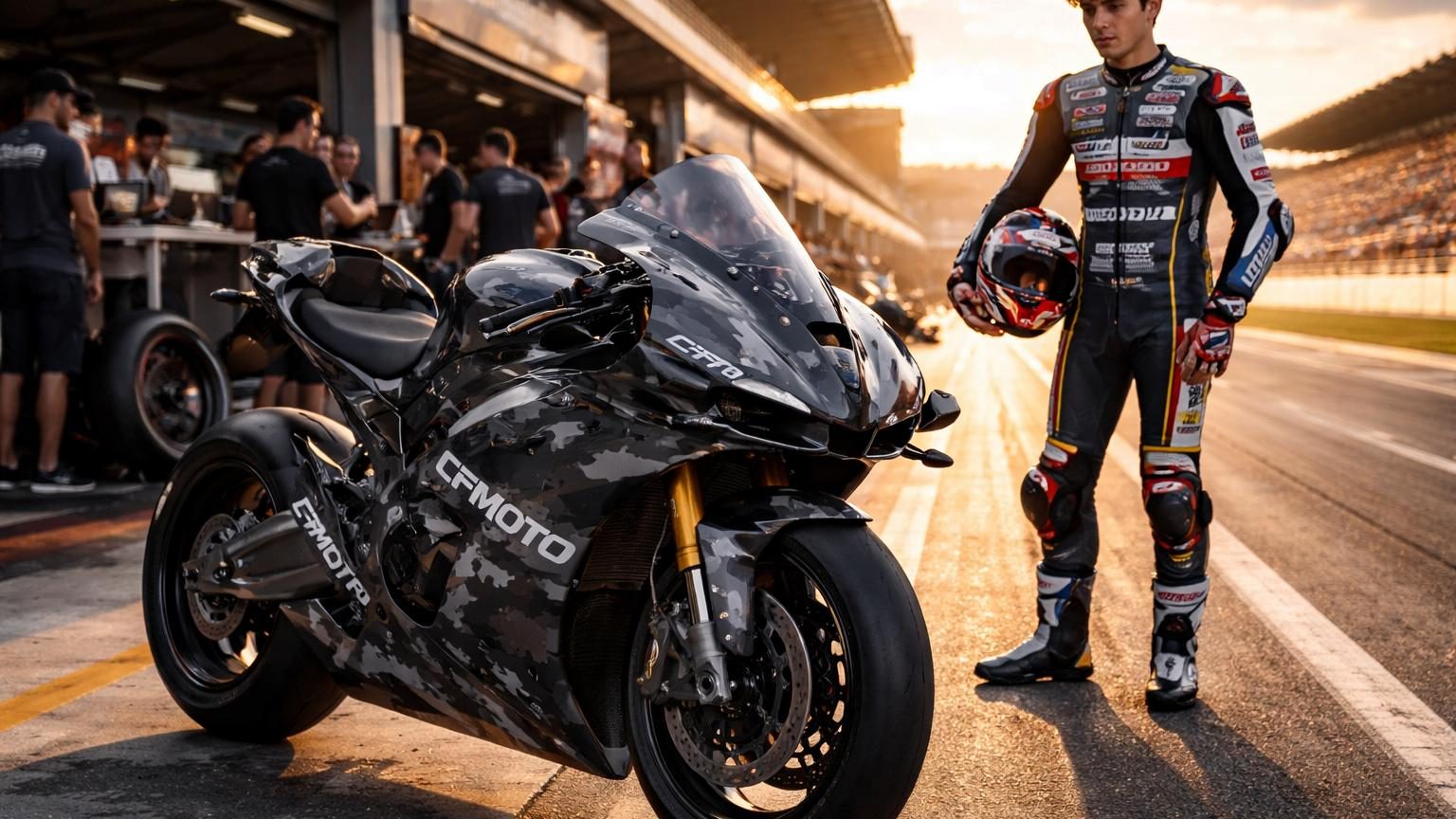 Moto sportive CFMoto V4 SR-RR avec carénage camouflé lors d'essais en piste aux côtés de l'équipe Aspar et du pilote David Alonso.