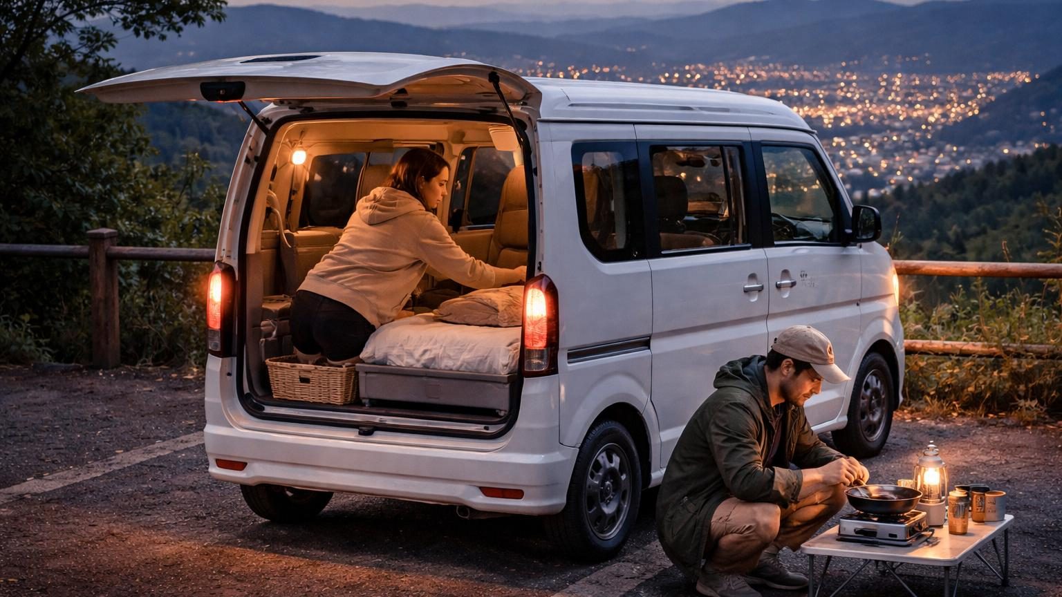 Mini camping-car Suzuki Every blanc et noir de 3,40 mètres, vu de profil, avec aménagement intérieur compact visible par les vitres latérales, stationné en milieu urbain.
