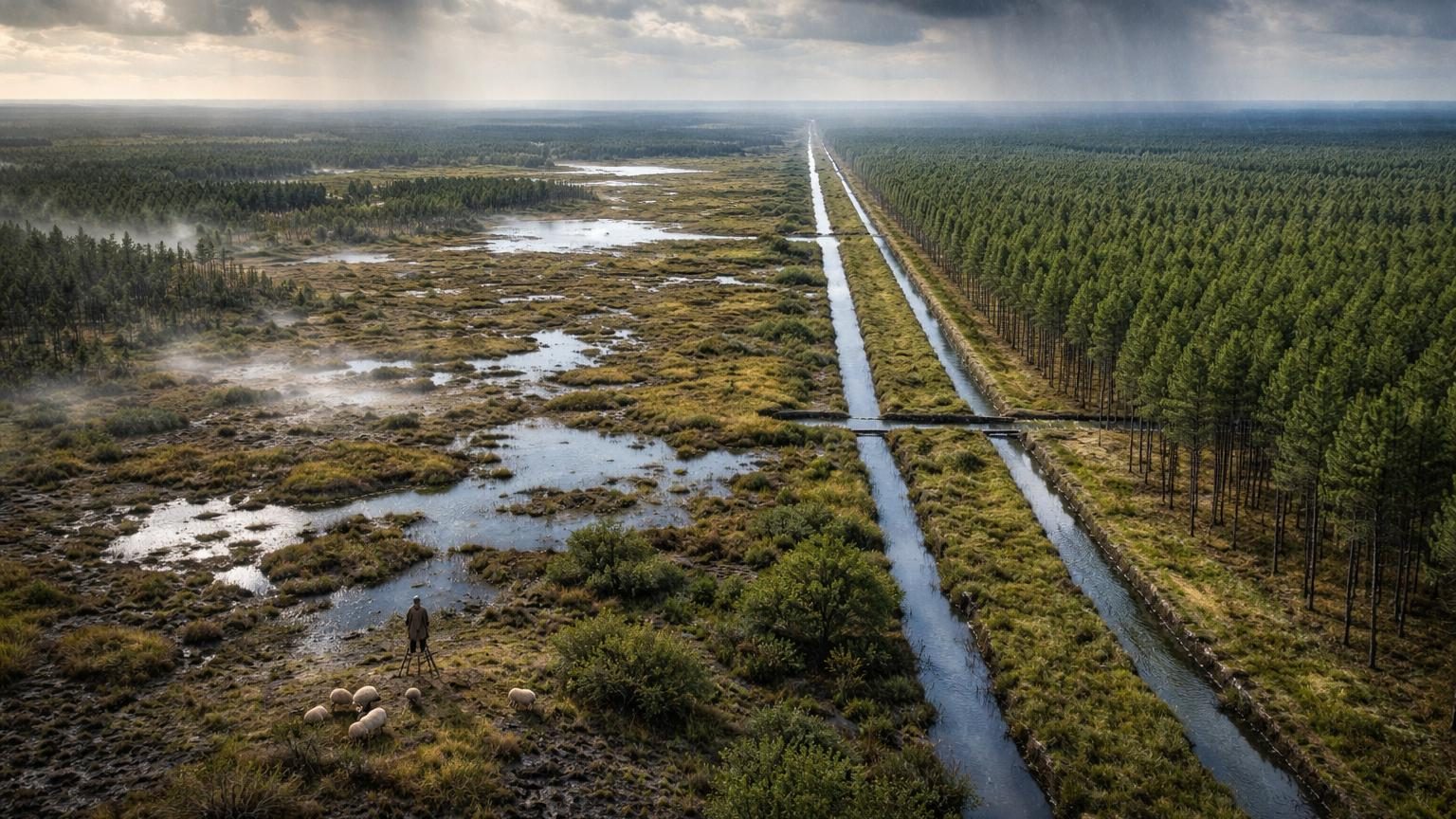 Paysage de forêt de pins maritimes s'étendant à l'horizon sous un ciel nuageux, avec au premier plan des sillons de drainage creusés dans le sol de la région des Landes de Gascogne.