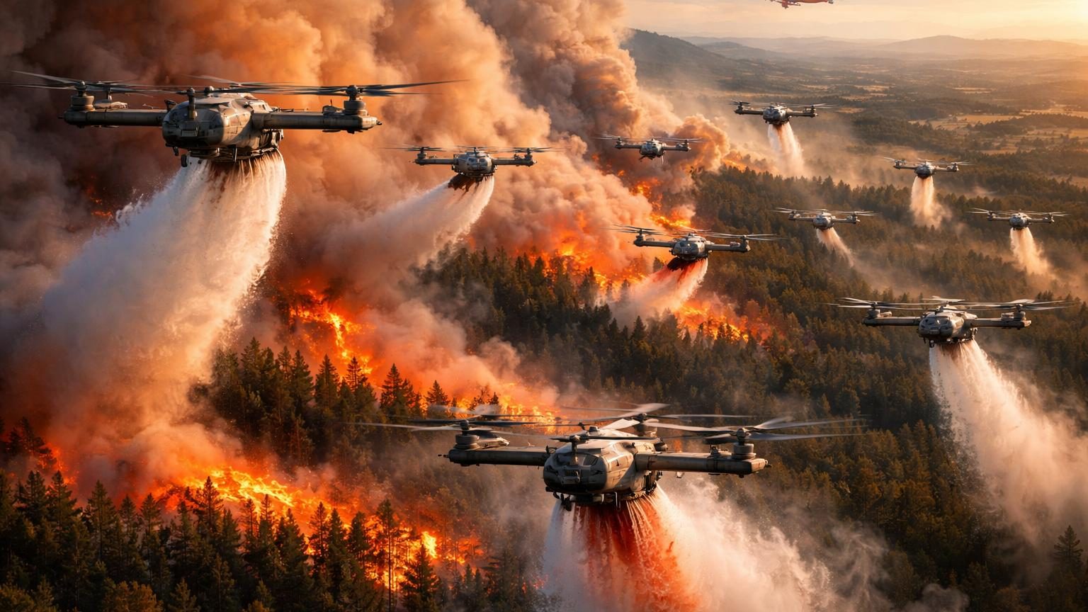 Essaim de drones bombardiers d'eau survolant une zone forestière en feu, montrant plusieurs engins en vol simultané larguant leur charge pour combattre l'incendie.