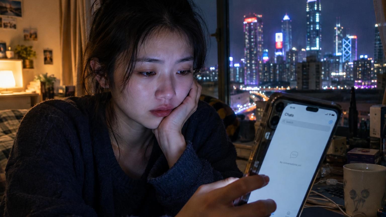 Illustration montrant un utilisateur regardant son écran avec tristesse, entouré de cœurs et de bulles de discussion numériques qui s'estompent, symbolisant la perte d'une relation virtuelle.