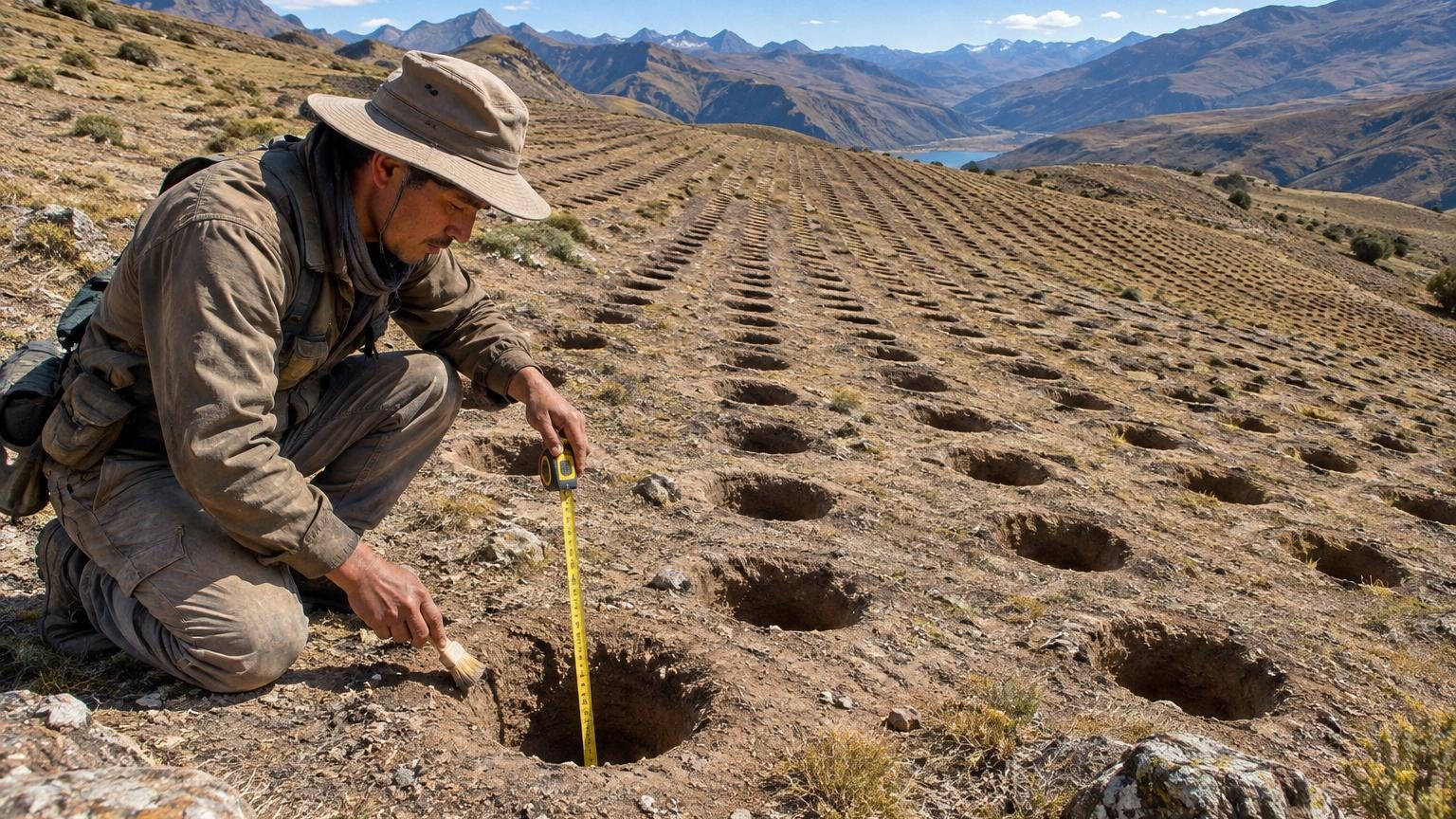 Vue aérienne d'une pente montagneuse ocre parsemée de milliers de petites cavités circulaires identiques, parfaitement alignées et remontant le flanc de la vallée comme une colonne vertébrale de pierre.