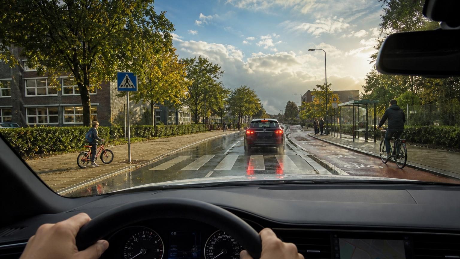 Tableau de bord d'une voiture vue de l'intérieur, mains du conducteur sur le volant, route dégagée devant, illustrant une conduite attentive et concentrée.