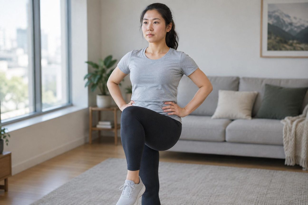 Femme en position debout effectuant l'activation latérale du buste, inclinant le torse à gauche avec le ventre tonique