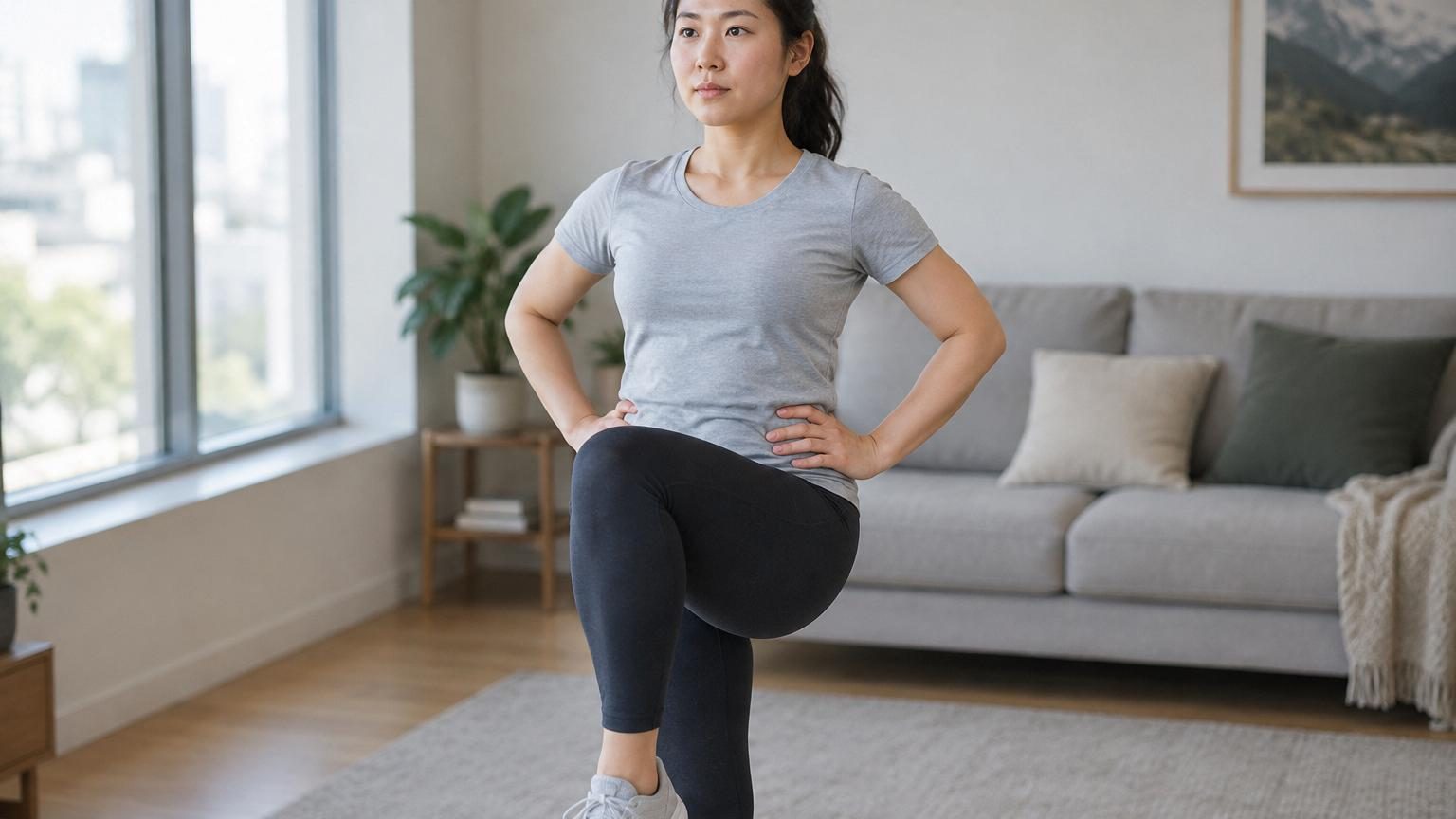 Femme en position debout effectuant l'activation latérale du buste, inclinant le torse à gauche avec le ventre tonique