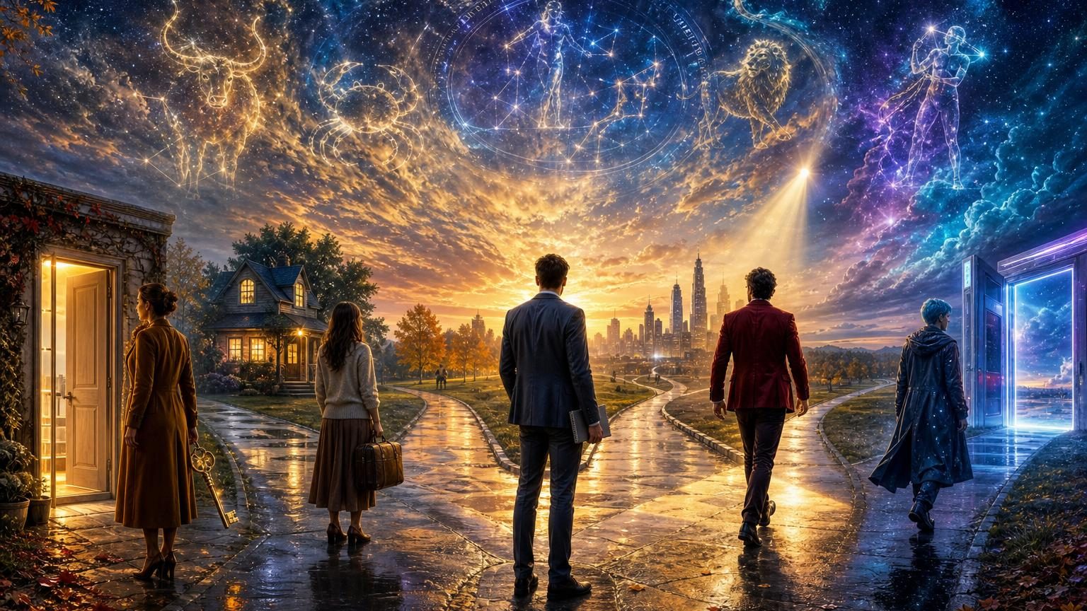 Illustration symbolique montrant cinq silhouettes représentant les signes astrologiques face à un carrefour ou à un moment décisif, avec une ambiance de transition entre ombre et lumière évoquant septembre.