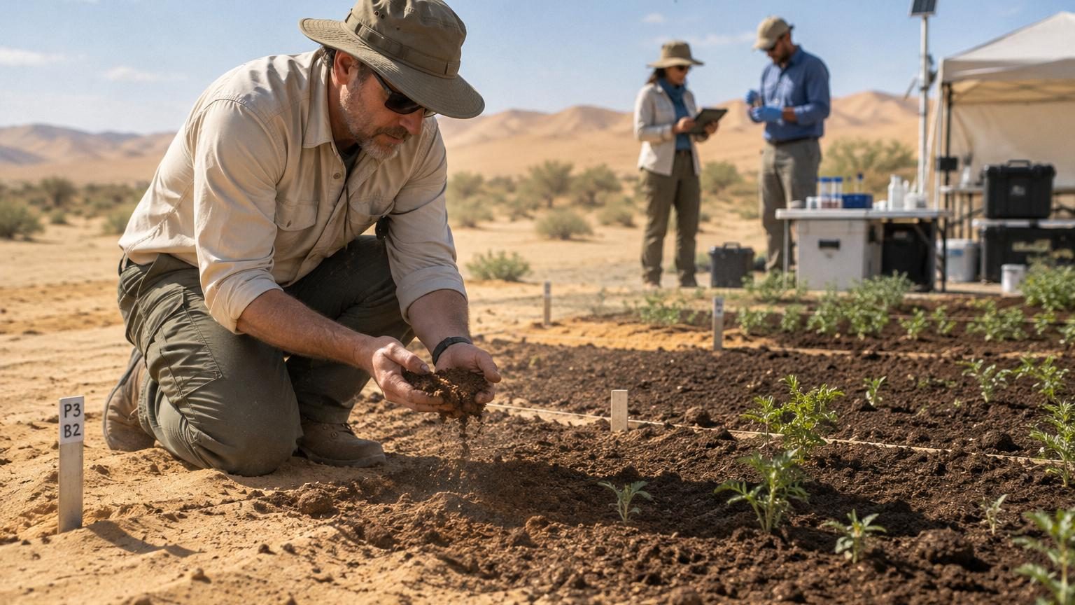 Vue aérienne du désert du Taklamakan avec des zones traitées montrant une croûte de sol biologique rougeâtre contrastant avec le sable nu, illustrant la transformation écologique opérée par les cyanobactéries.