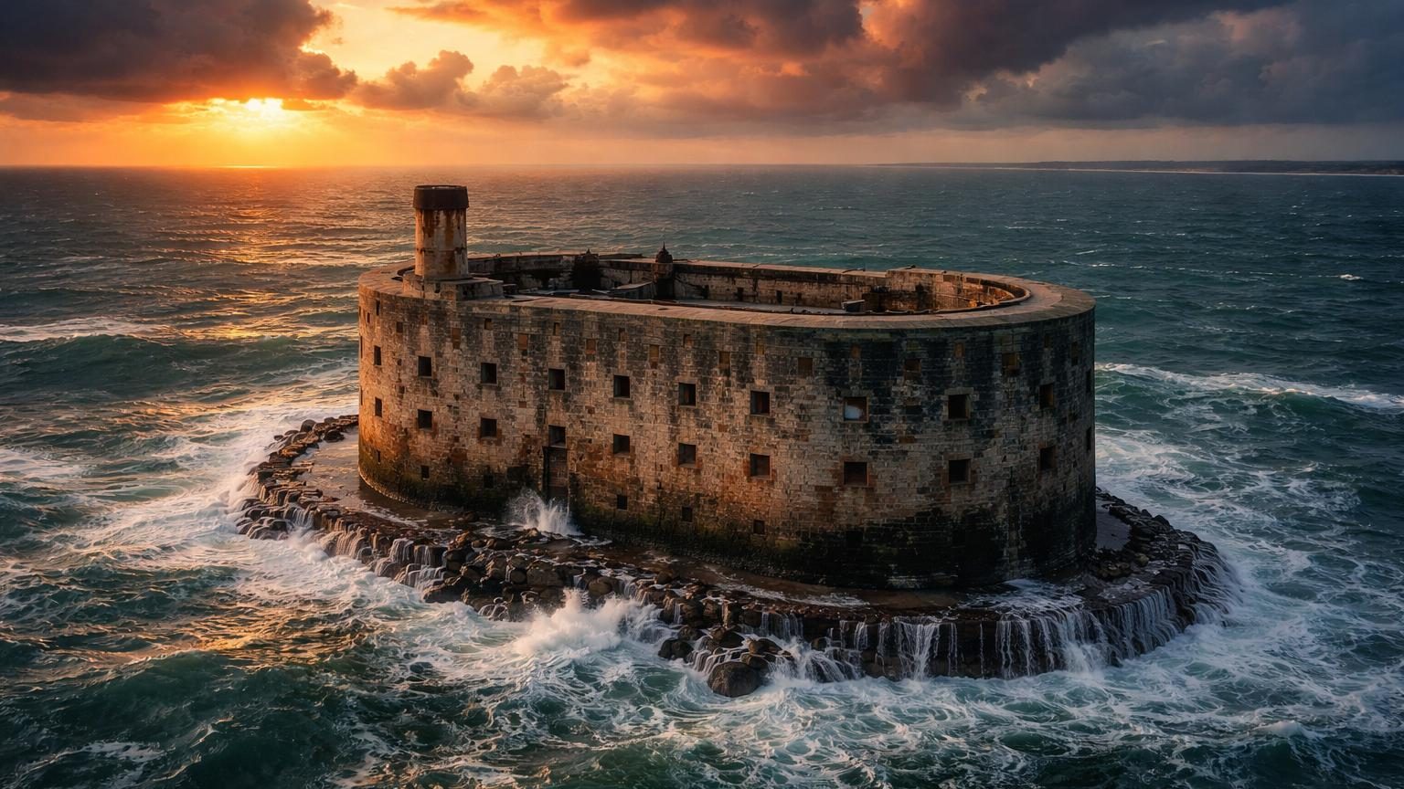 Vue aérienne de Fort Boyard, forteresse circulaire en pierre isolée au milieu des eaux gris bleu de l'océan Atlantique, face aux côtes de la Charente-Maritime en France.