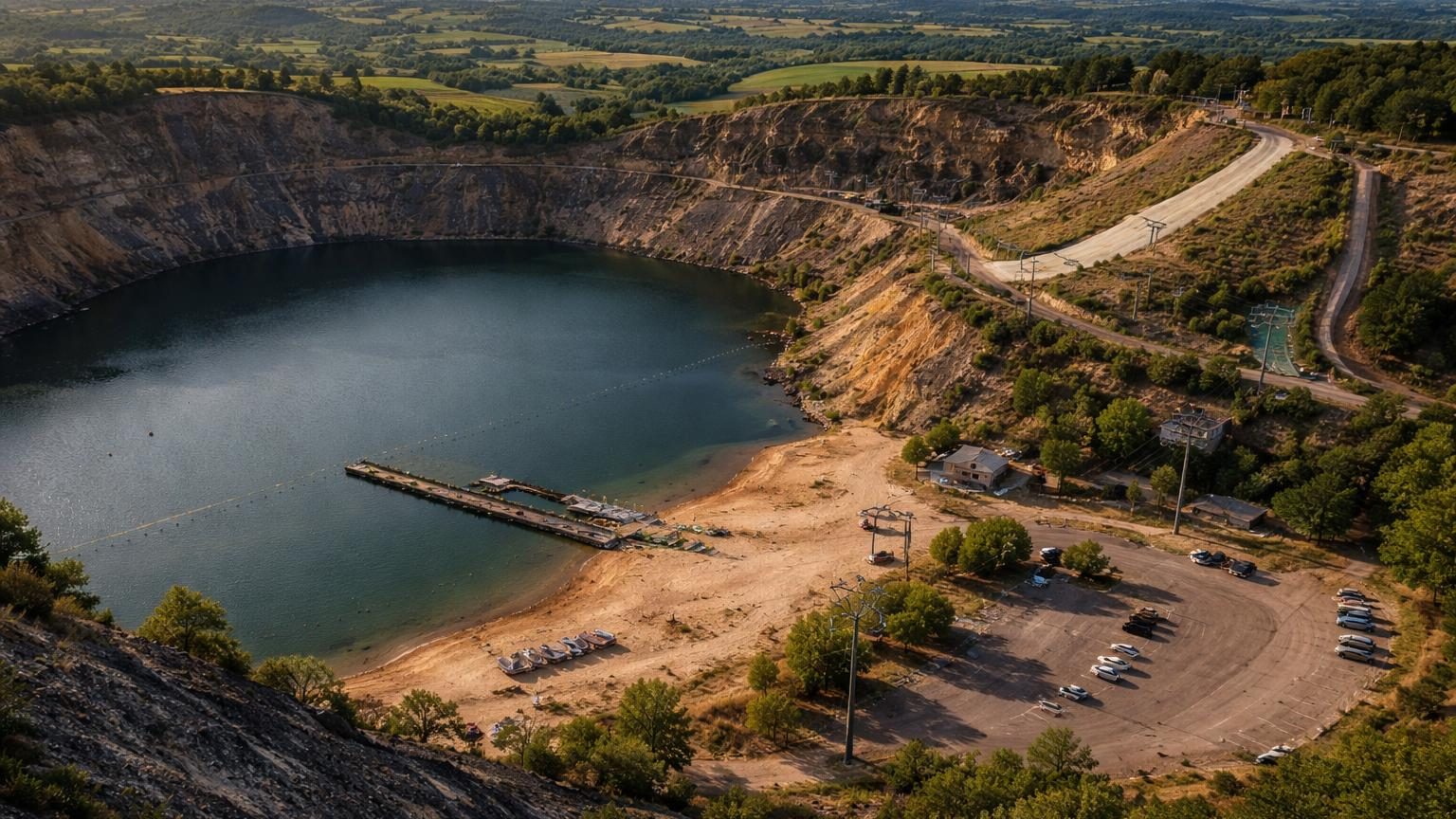 Vue aérienne d'un lac artificiel entouré de pistes de ski et installations de loisirs, créé dans une ancienne carrière minière à ciel ouvert dans le Tarn.