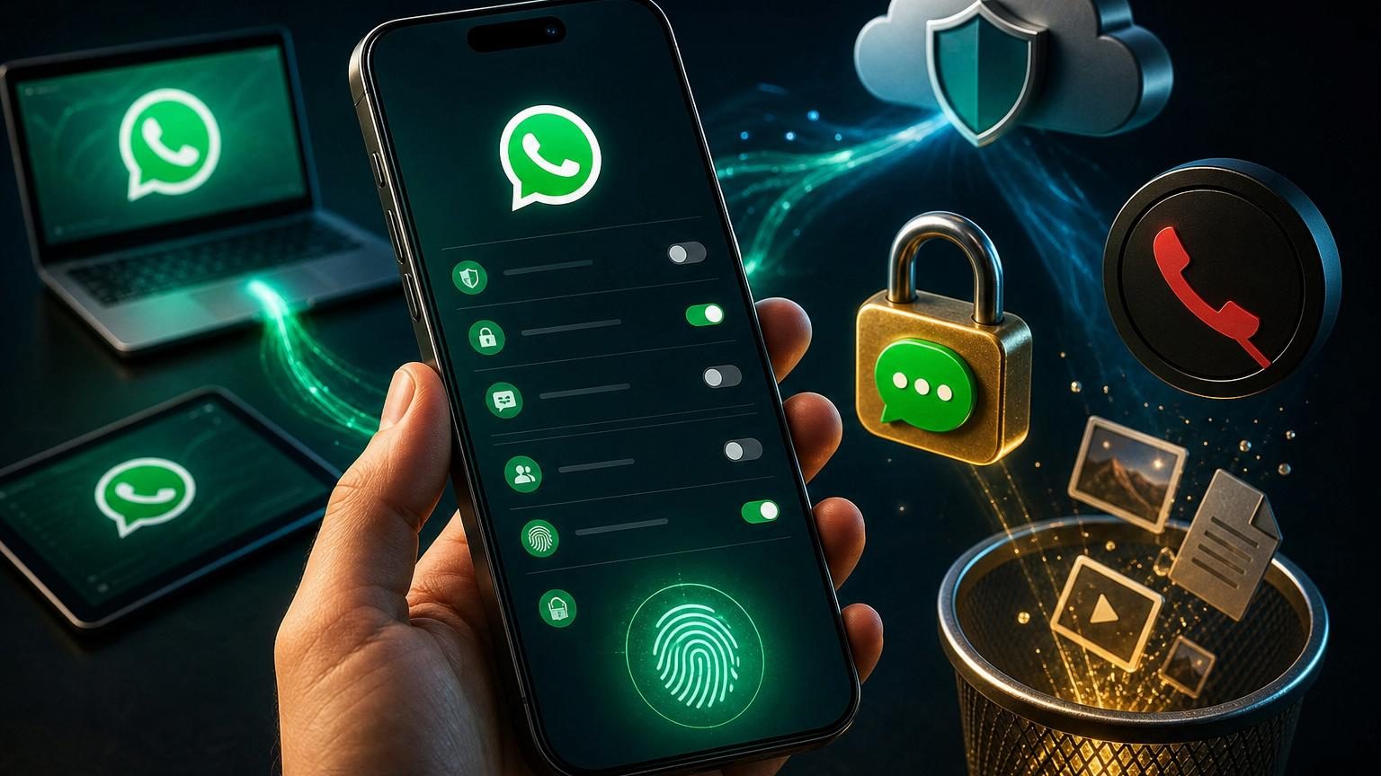 Interface de téléphone affichant les paramètres de sécurité de WhatsApp avec symboles de cadenas et d'authentification biométrique