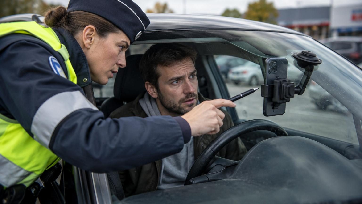 Intérieur d'une voiture avec un tableau de bord encombré d'objets variés : support de téléphone, vignettes, porte-bonheur suspendus au rétroviseur, documents éparpillés, symbolisant les obstacles au champ de vision du conducteur.