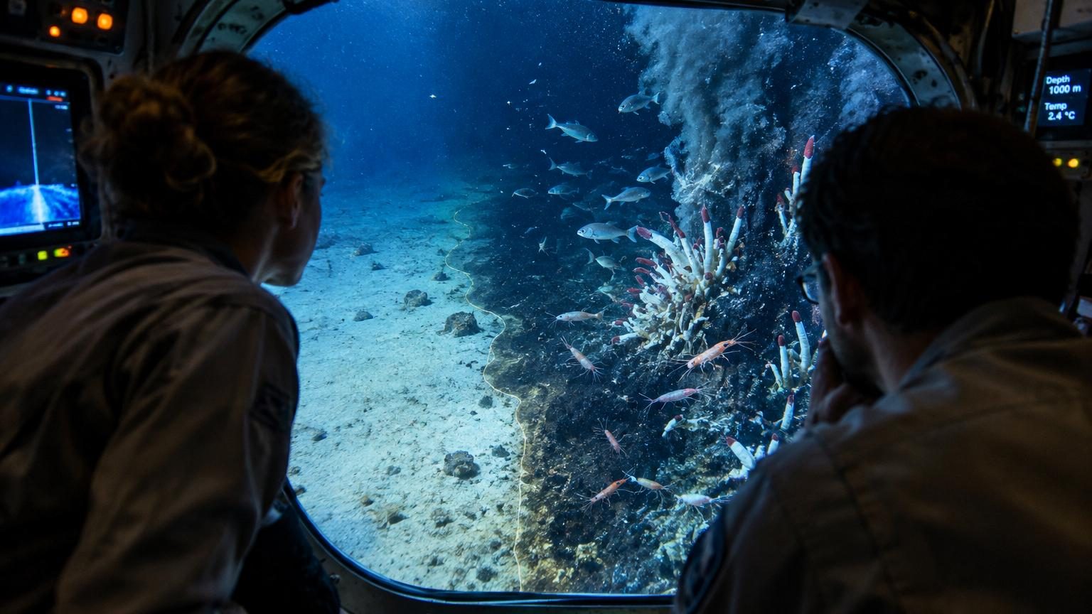 Robot sous-marin descendant le long de la colonne d'eau dans l'obscurité, caméra filmant des poissons fantomatiques et des crevettes translucides rassemblés en bordure d'un panache chaud à 1 000 mètres de profondeur.
