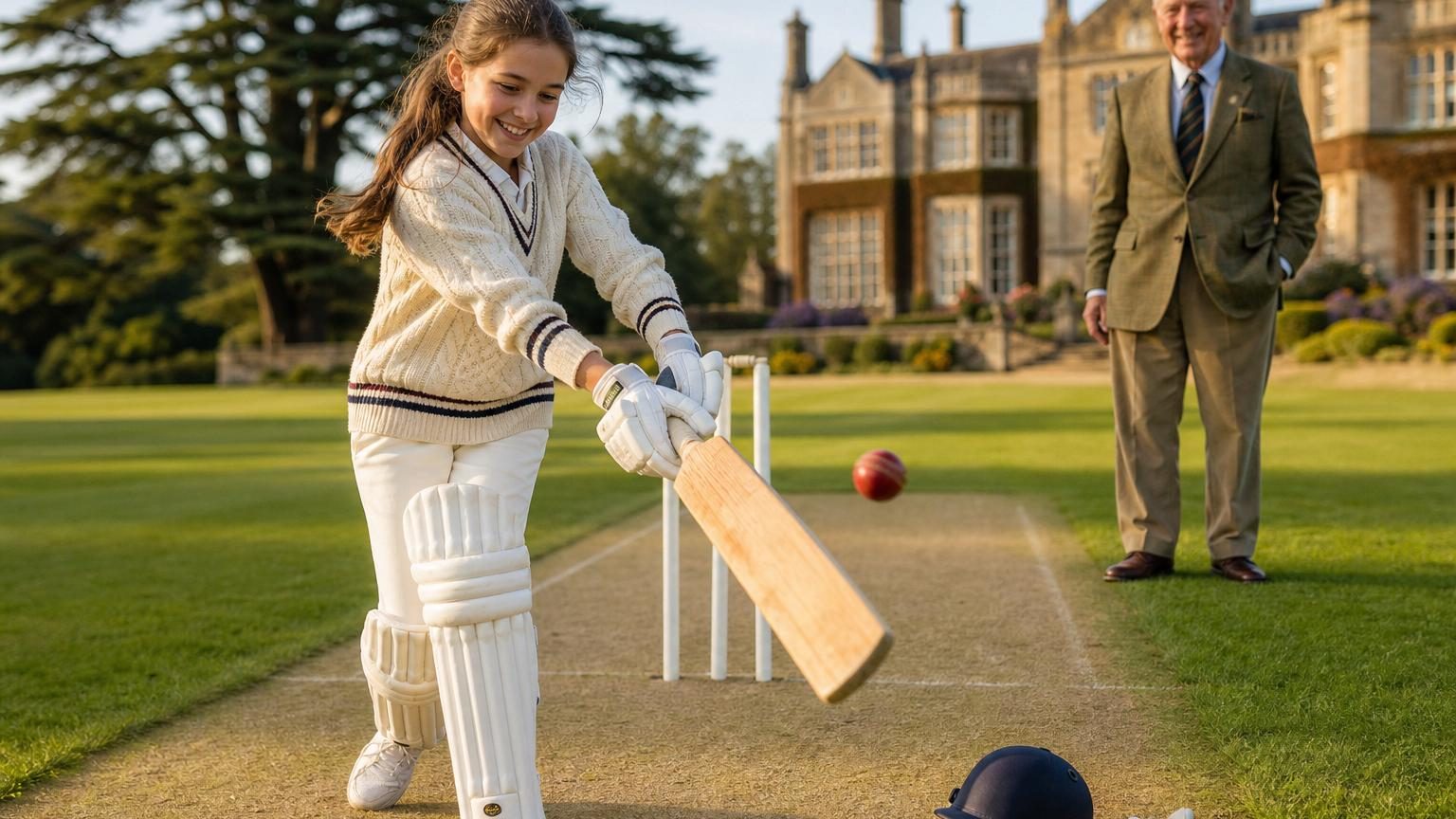 La princesse Charlotte, jeune fille en tenue de cricket avec batte, s'entraînant sur les terres verdoyantes d'une propriété royale.