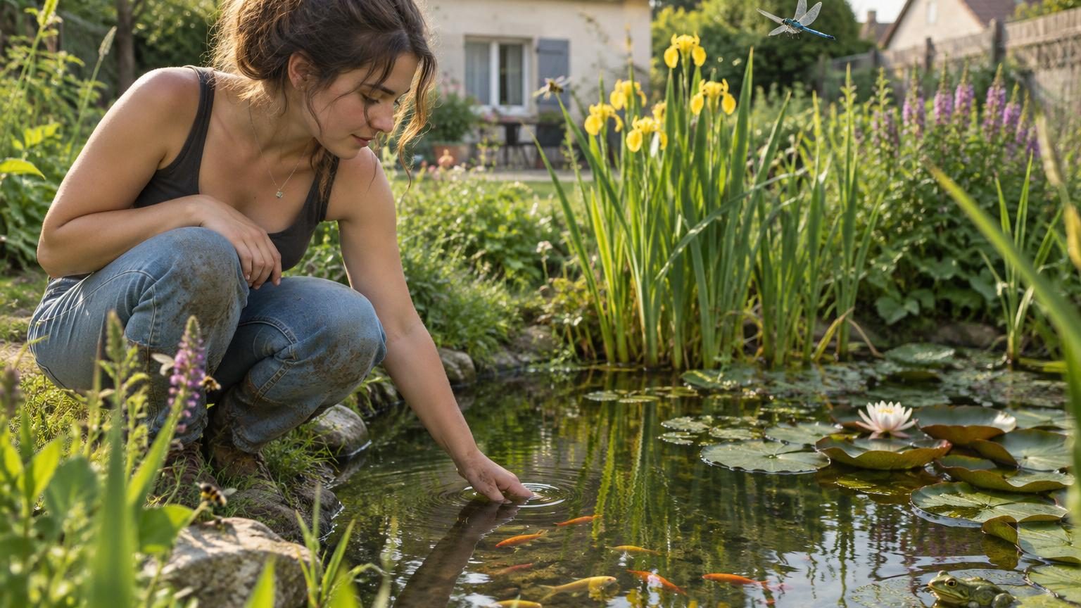 Étang de jardin aux eaux claires entouré de pierres et d'iris jaunes, avec une libellule bleue posée sur un nénuphar et des petits poissons visibles sous les lentilles d'eau