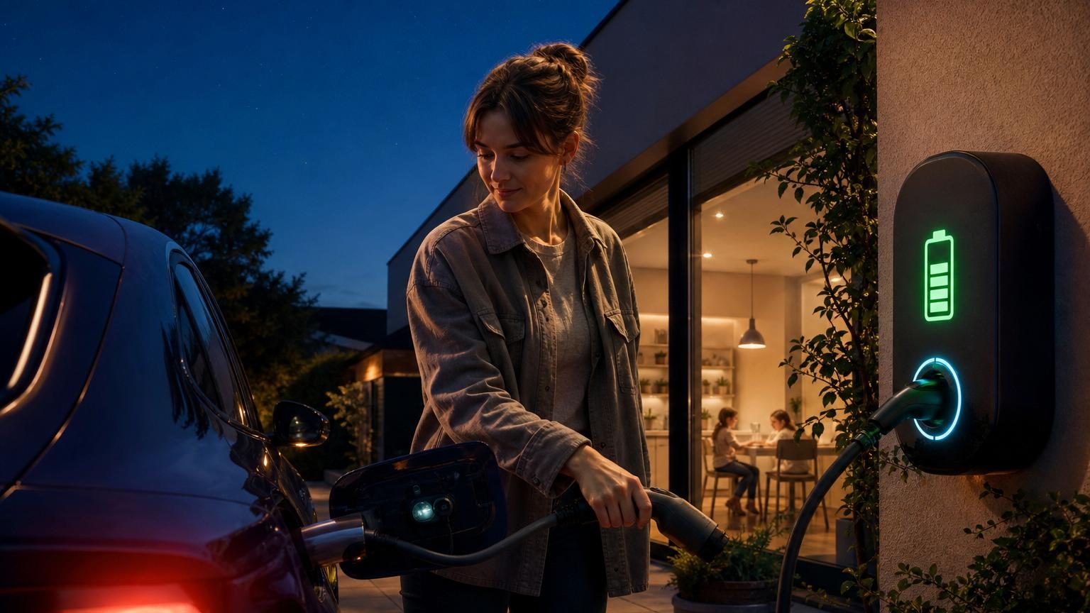 Femme branchant sa voiture électrique sur une borne de recharge murale à domicile la nuit, illustrant les économies d'une recharge nocturne aux heures creuses.