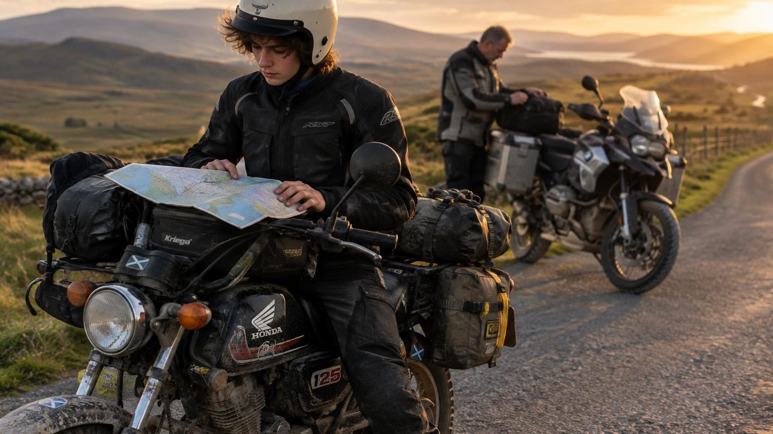 Un jeune motard britannique de 17 ans, Oli Purkis, prépare un tour du monde ambitieux sur une moto Honda 125 cm³ avec son père, visé pour 2027.
